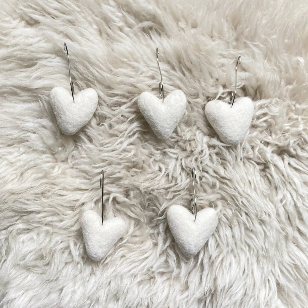 Felt Heart Ornaments (White) Set of  5, New Zealand