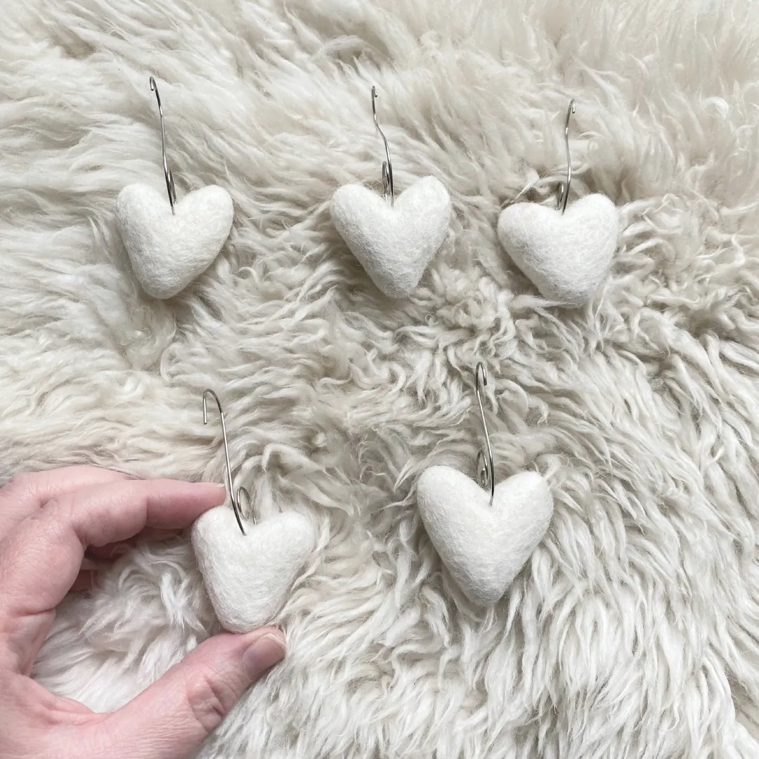 Felt Heart Ornaments (White) Set of  5, New Zealand