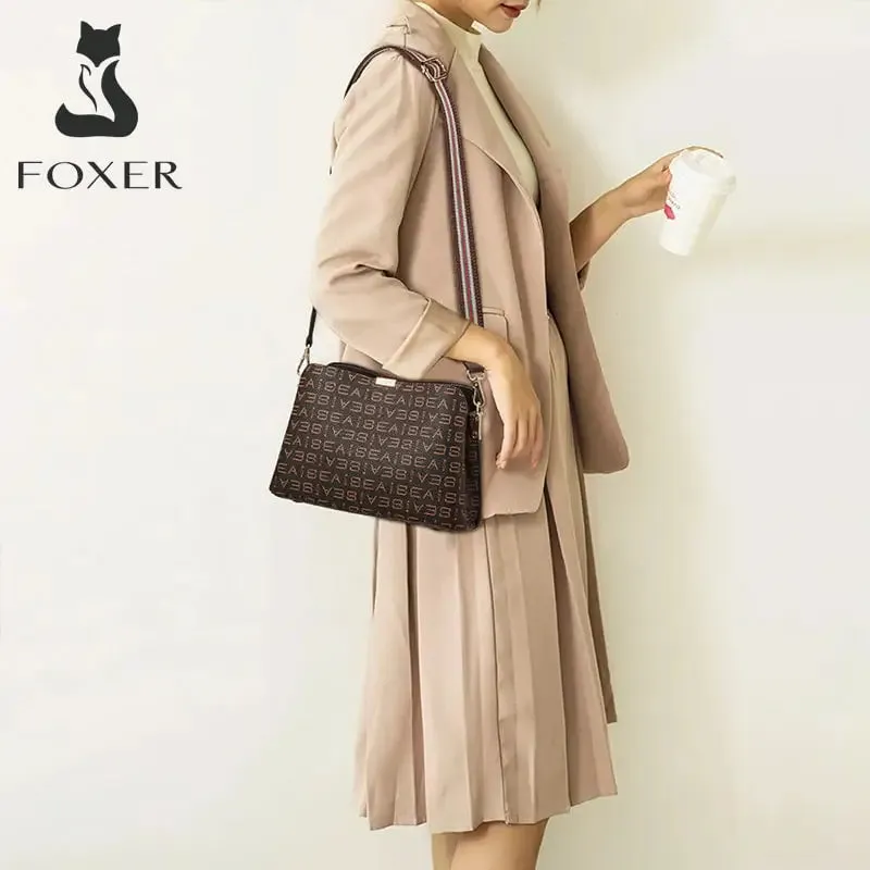 FOXER Brand PVC Leather Strap Shoulder Bag Lady Printing Women's Wide Woven PU Crossbody Bag High Quality Monogram Messenger Bag