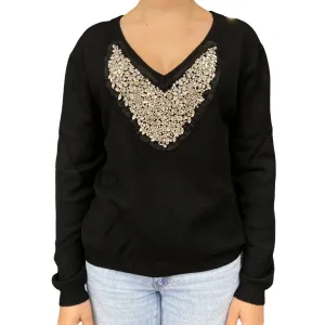 Fresh Flower maglia scollo V con applicazioni al collo FF498 nero