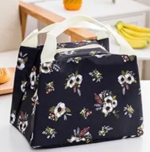 G204 Black Floral Print Insulated Lunch Tote with Zipper Closure