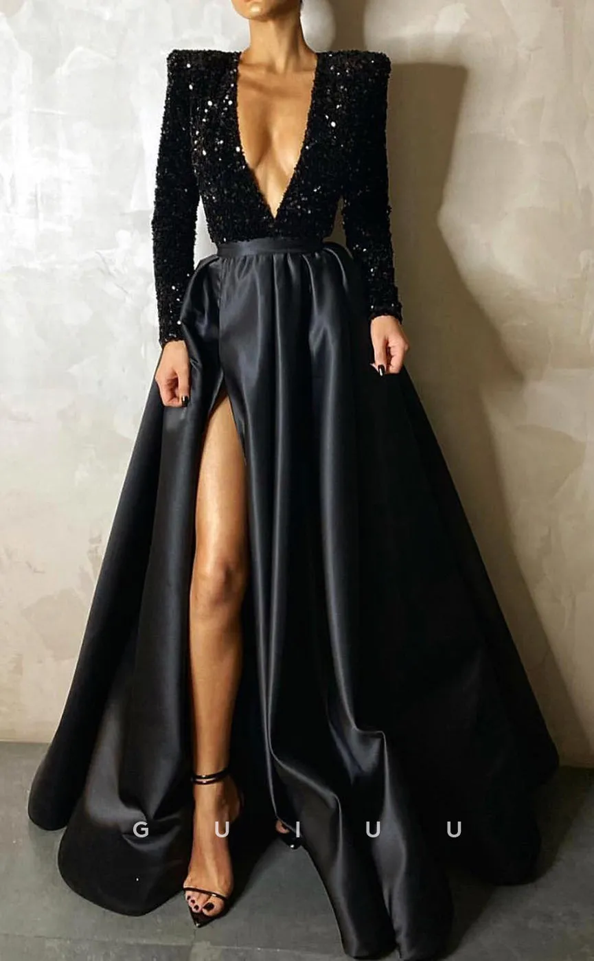 G2576 - Chic & Modern A-Line V-Neck Sequins Satin Formal Prom Evening Dress