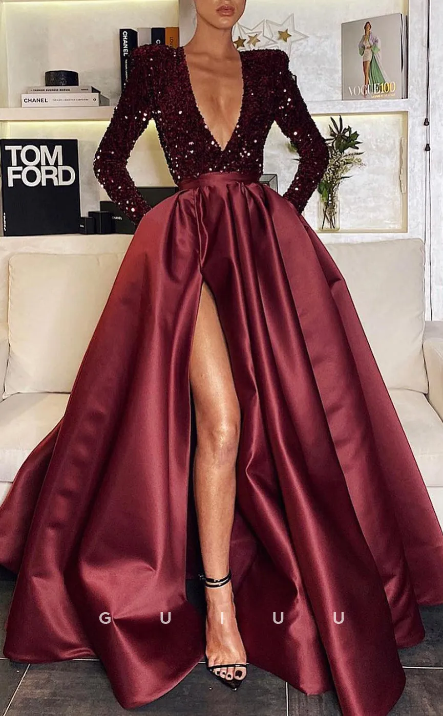 G2576 - Chic & Modern A-Line V-Neck Sequins Satin Formal Prom Evening Dress