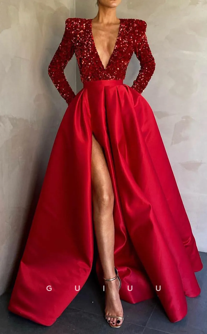 G2576 - Chic & Modern A-Line V-Neck Sequins Satin Formal Prom Evening Dress