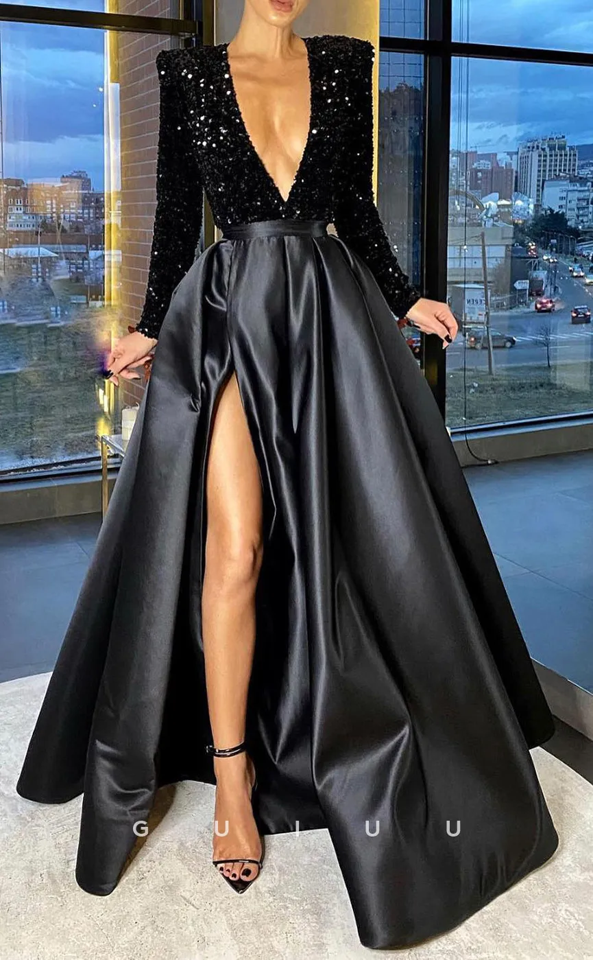G2576 - Chic & Modern A-Line V-Neck Sequins Satin Formal Prom Evening Dress
