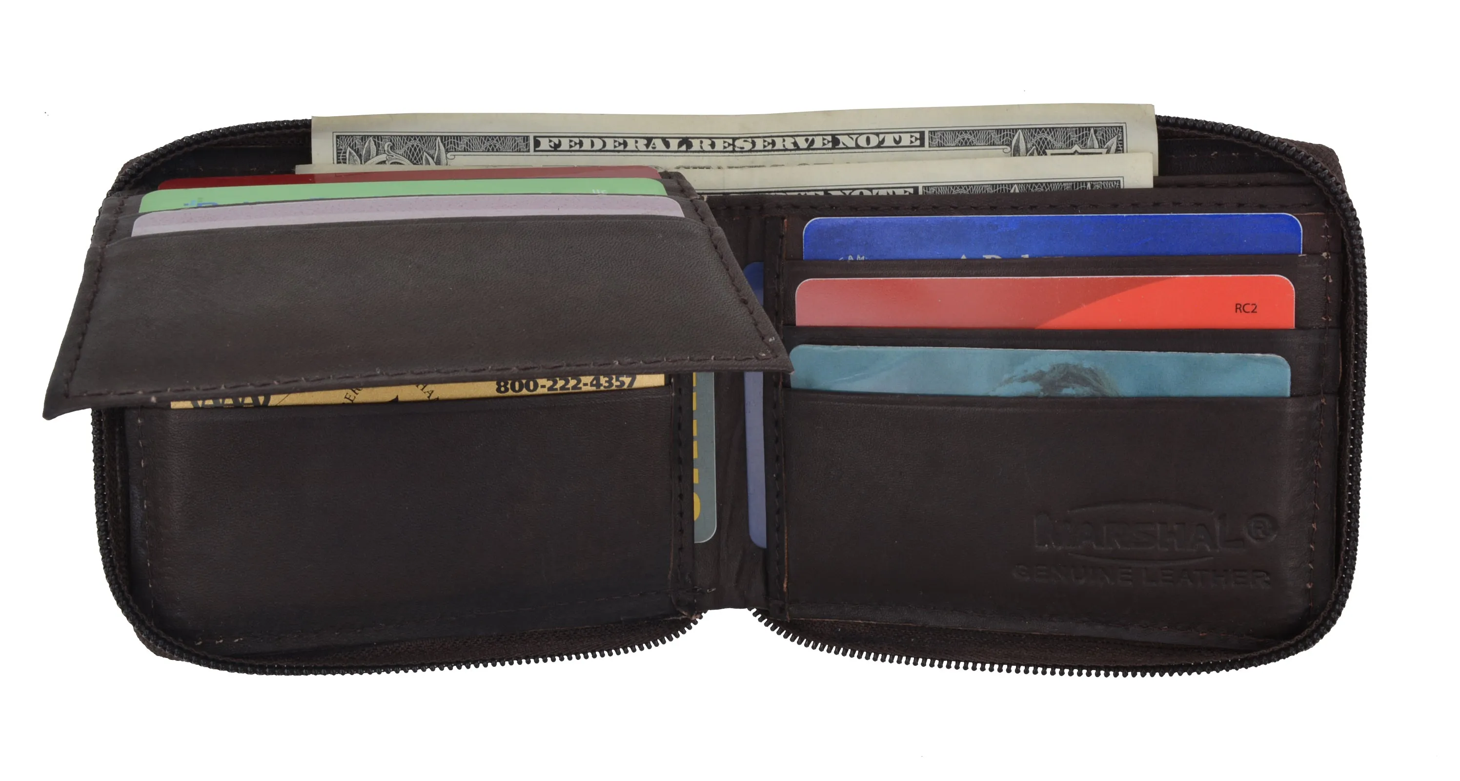 Genuine Leather Men's Zipper Zip-Around Organizer Bifold Wallet 1256 CF