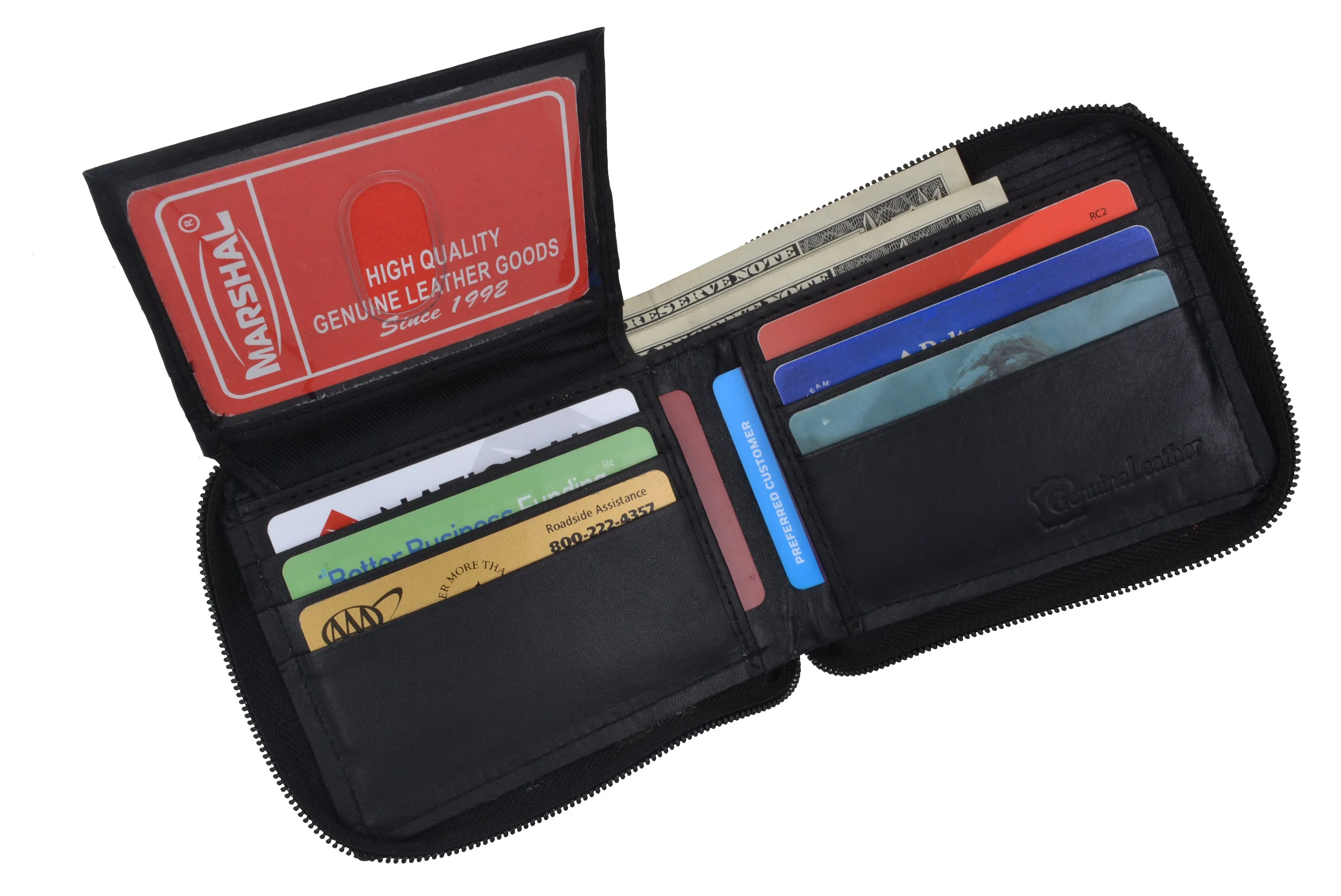 Genuine Leather Men's Zipper Zip-Around Organizer Bifold Wallet 1256 CF