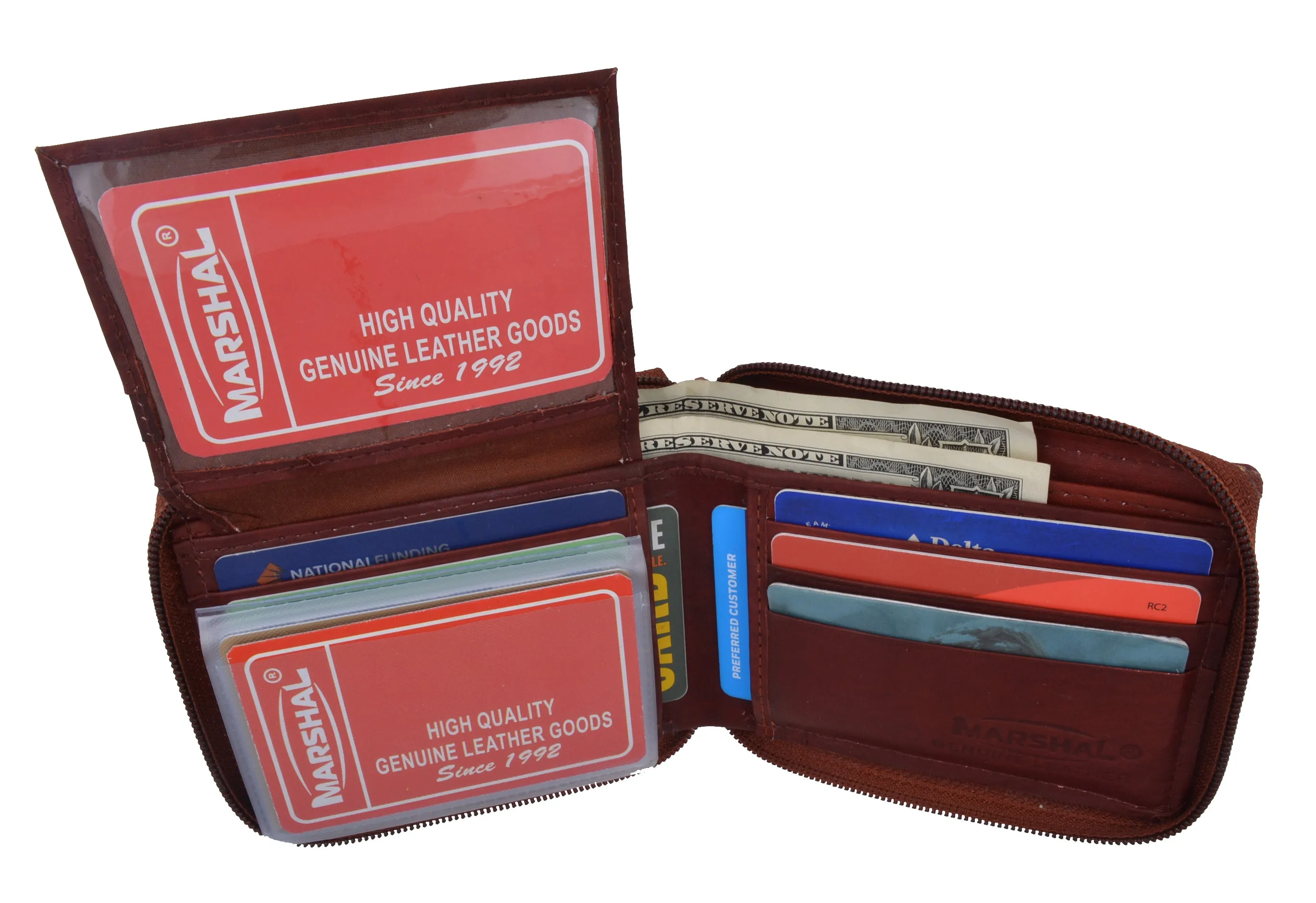 Genuine Leather Men's Zipper Zip-Around Organizer Bifold Wallet 1256 CF