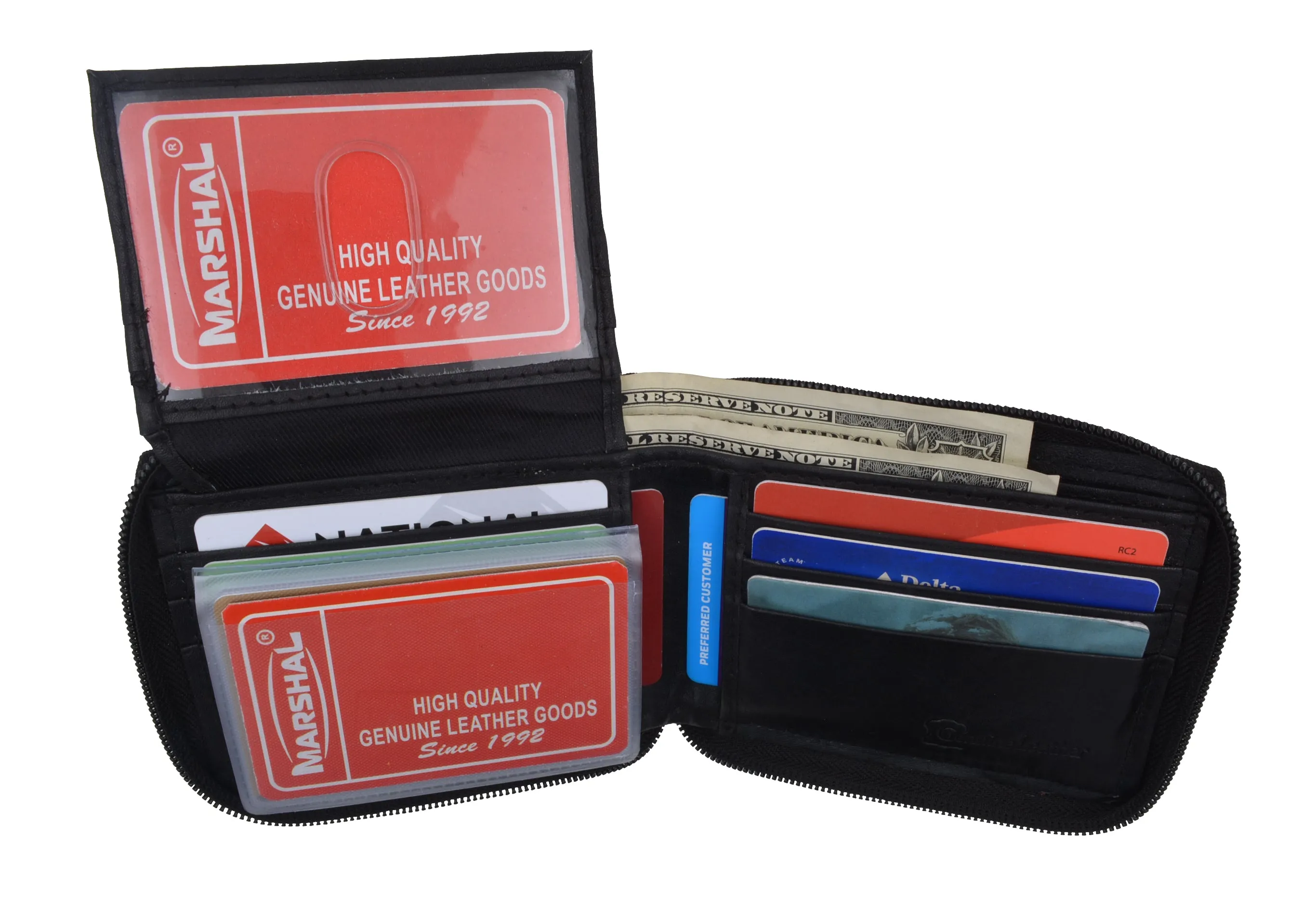 Genuine Leather Men's Zipper Zip-Around Organizer Bifold Wallet 1256 CF