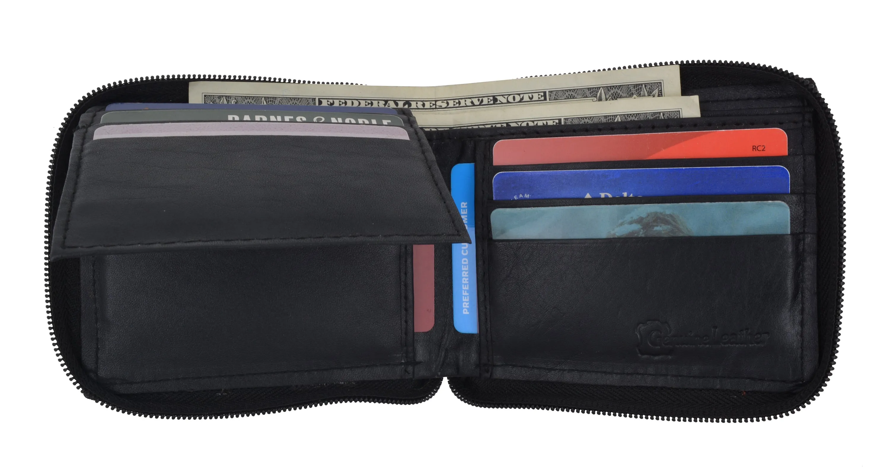 Genuine Leather Men's Zipper Zip-Around Organizer Bifold Wallet 1256 CF