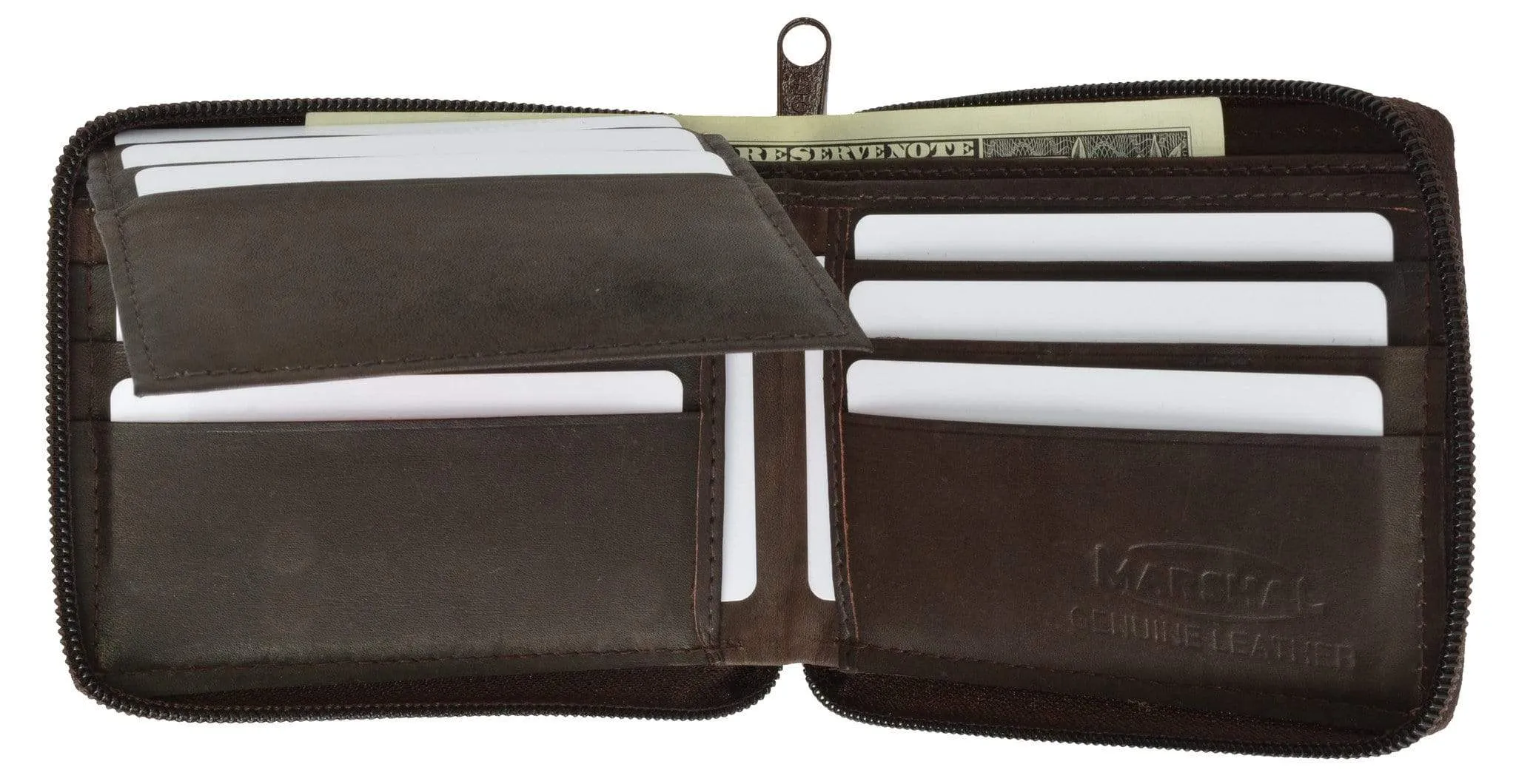 Genuine Leather Men's Zipper Zip-Around Organizer Bifold Wallet 1256 CF