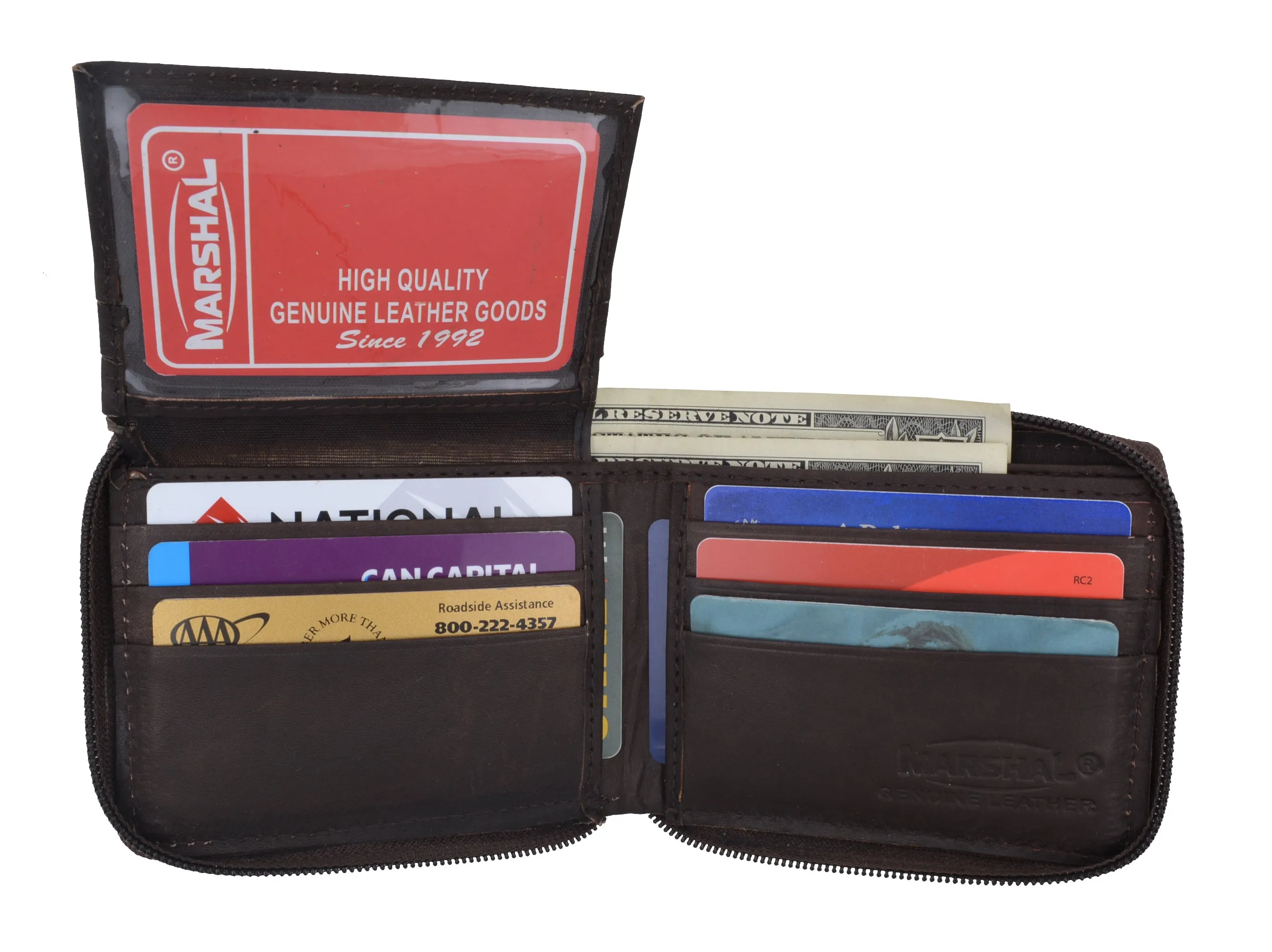 Genuine Leather Men's Zipper Zip-Around Organizer Bifold Wallet 1256 CF