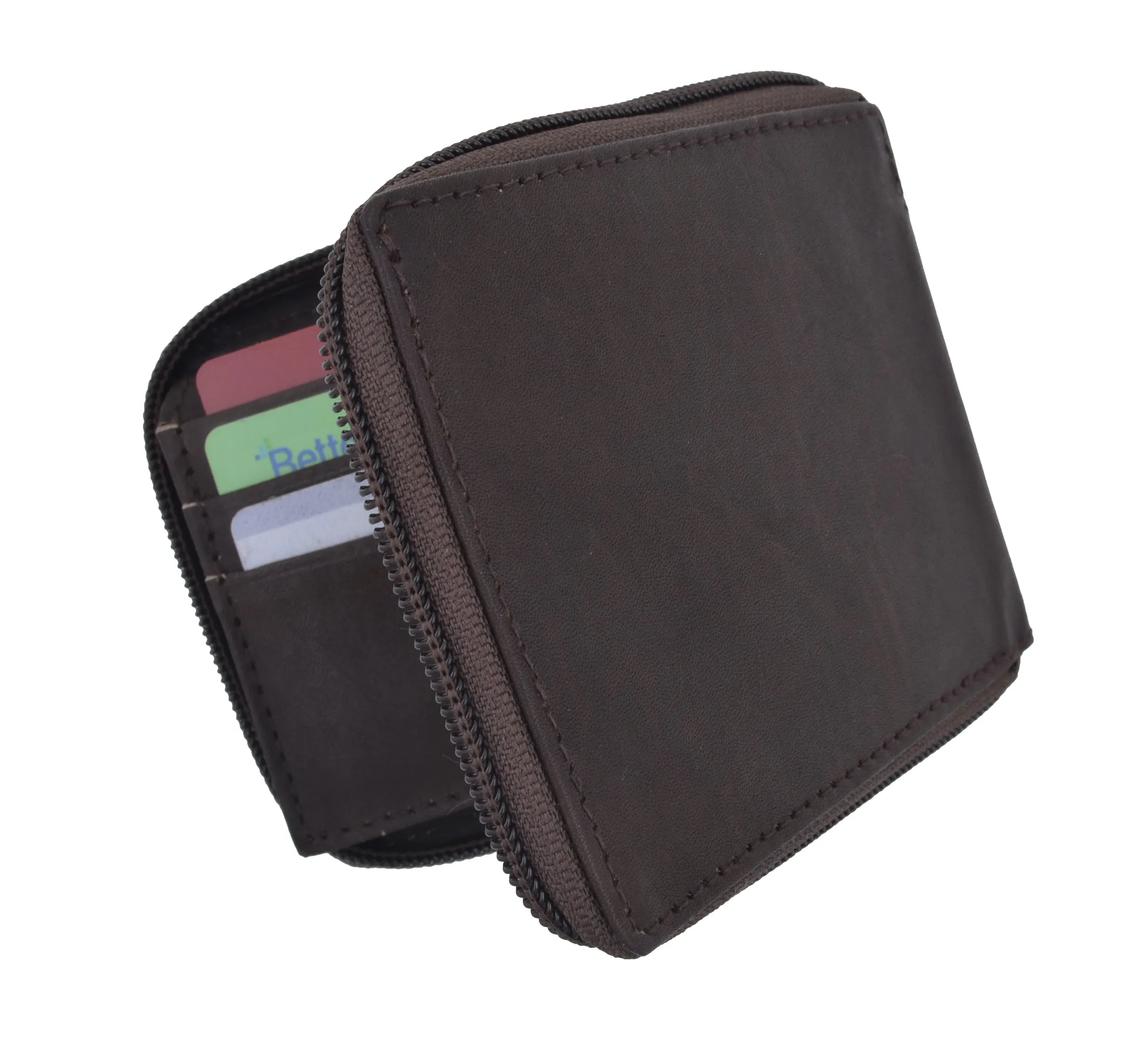 Genuine Leather Men's Zipper Zip-Around Organizer Bifold Wallet 1256 CF