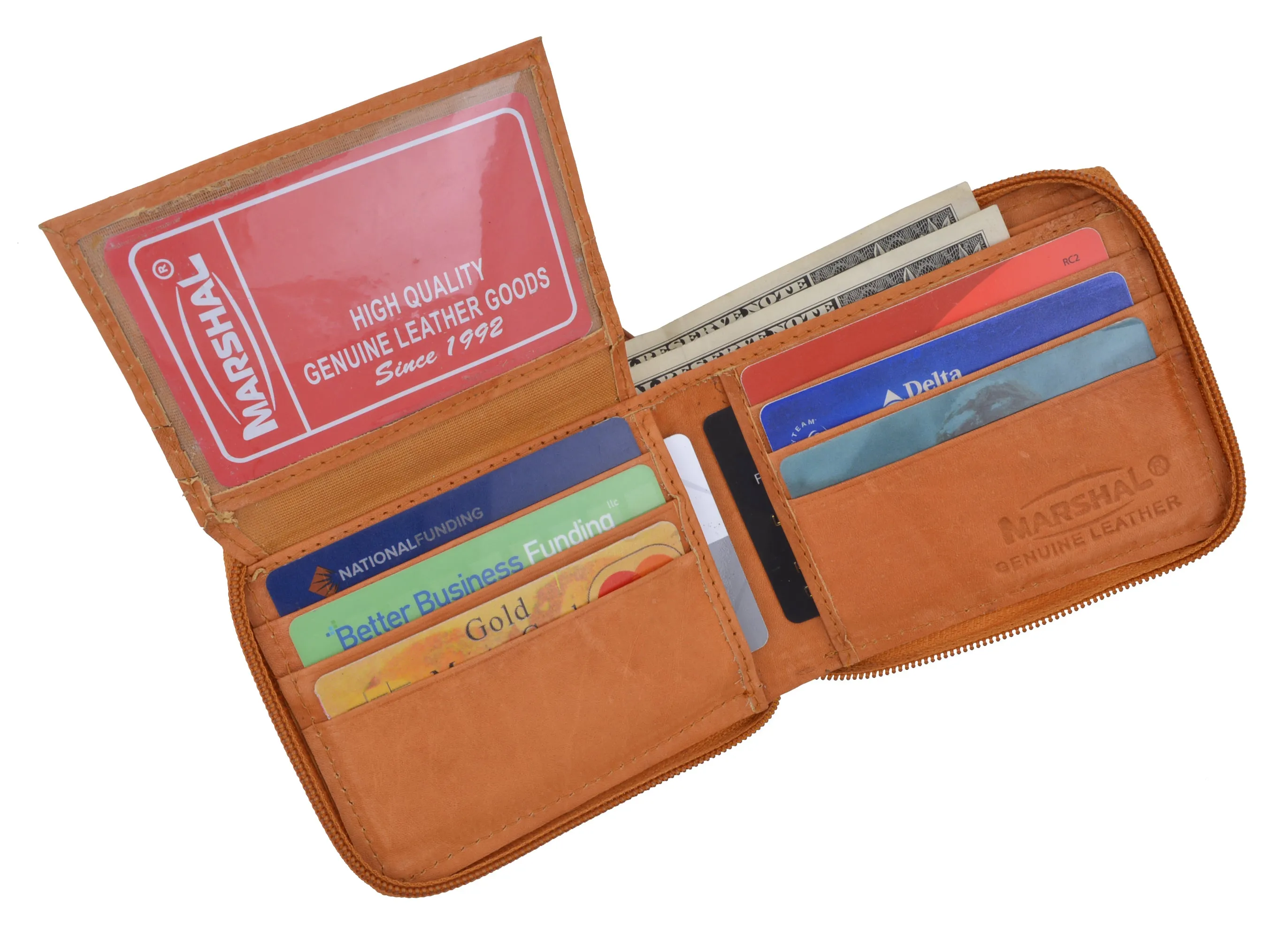 Genuine Leather Men's Zipper Zip-Around Organizer Bifold Wallet 1256 CF