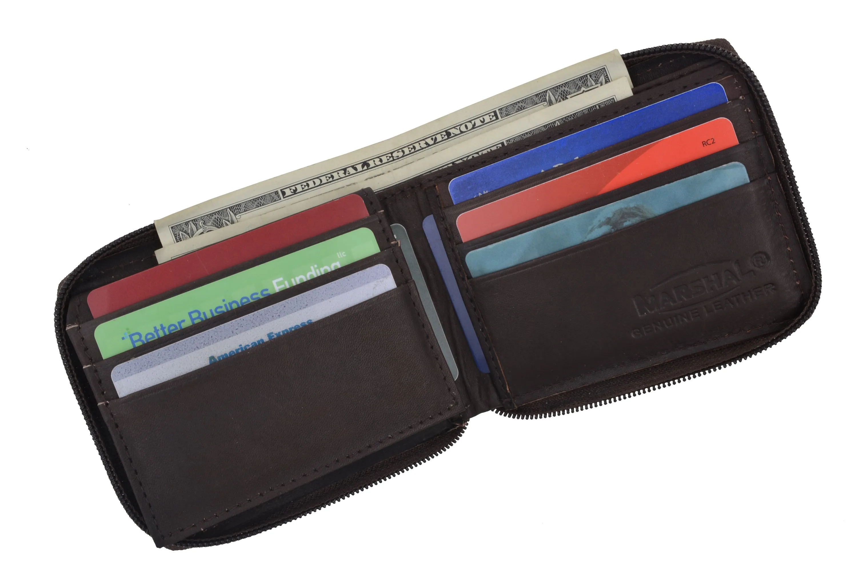 Genuine Leather Men's Zipper Zip-Around Organizer Bifold Wallet 1256 CF