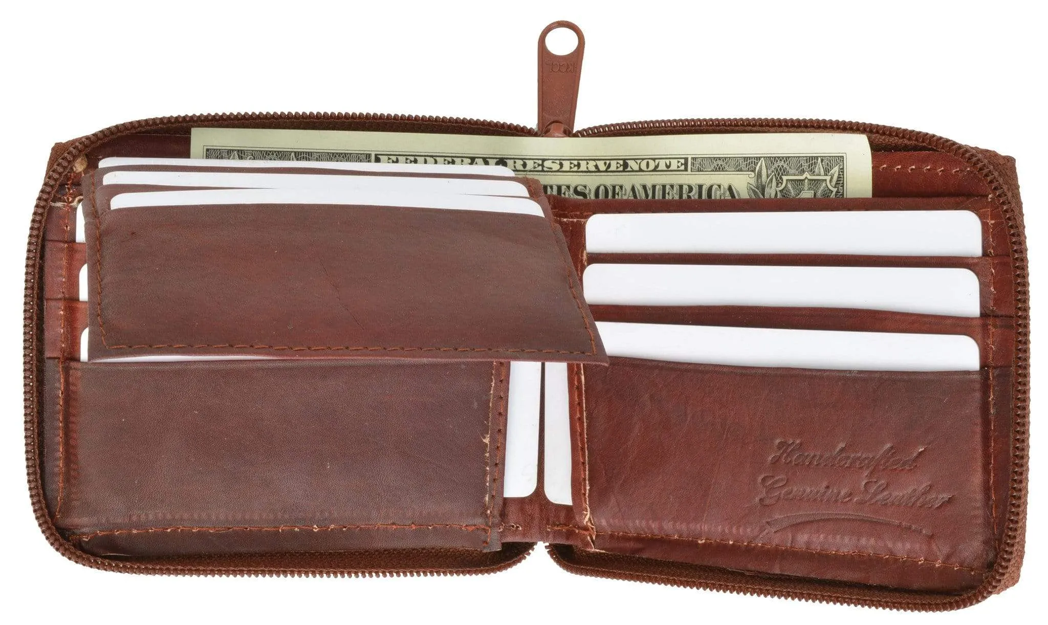 Genuine Leather Men's Zipper Zip-Around Organizer Bifold Wallet 1256 CF