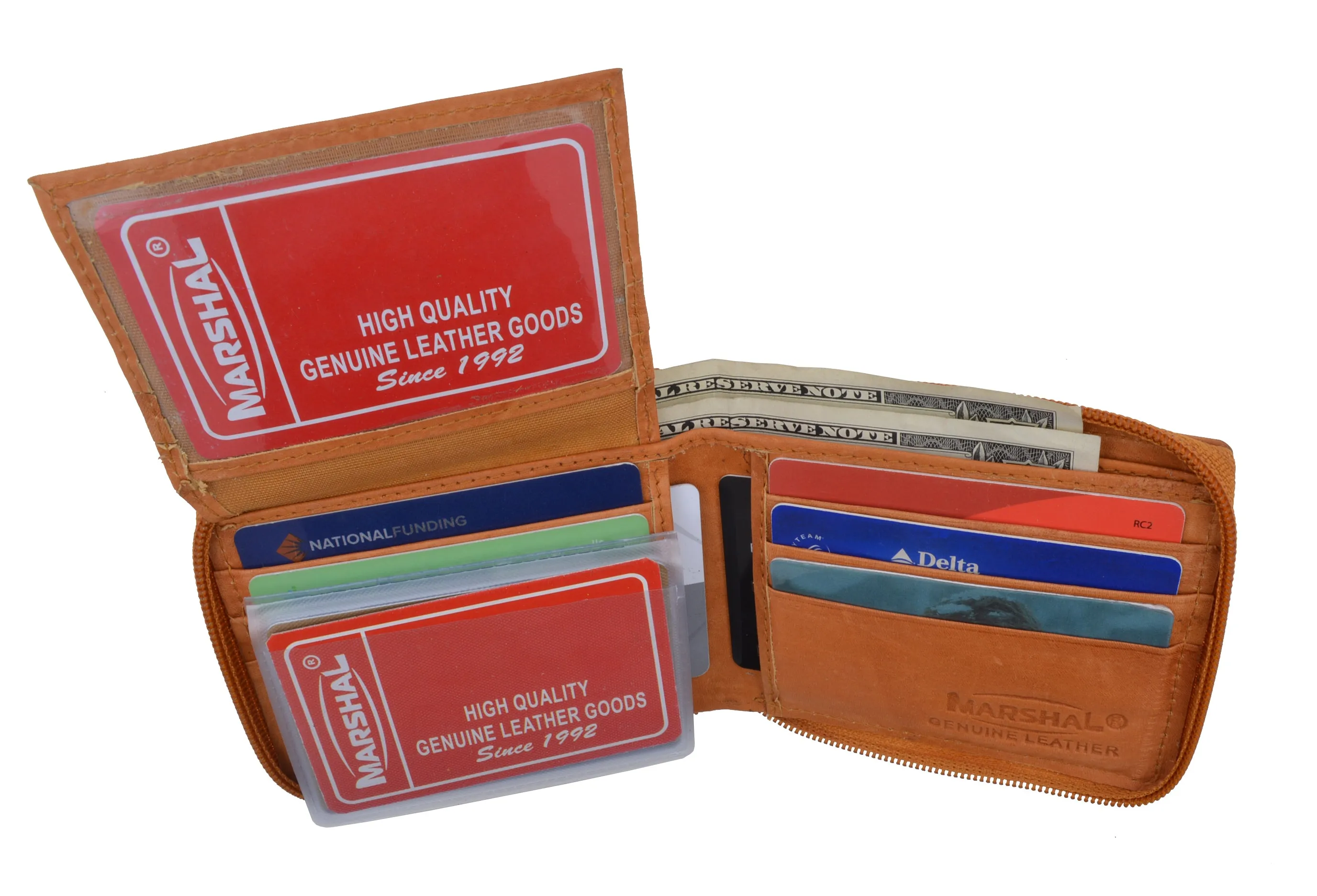 Genuine Leather Men's Zipper Zip-Around Organizer Bifold Wallet 1256 CF