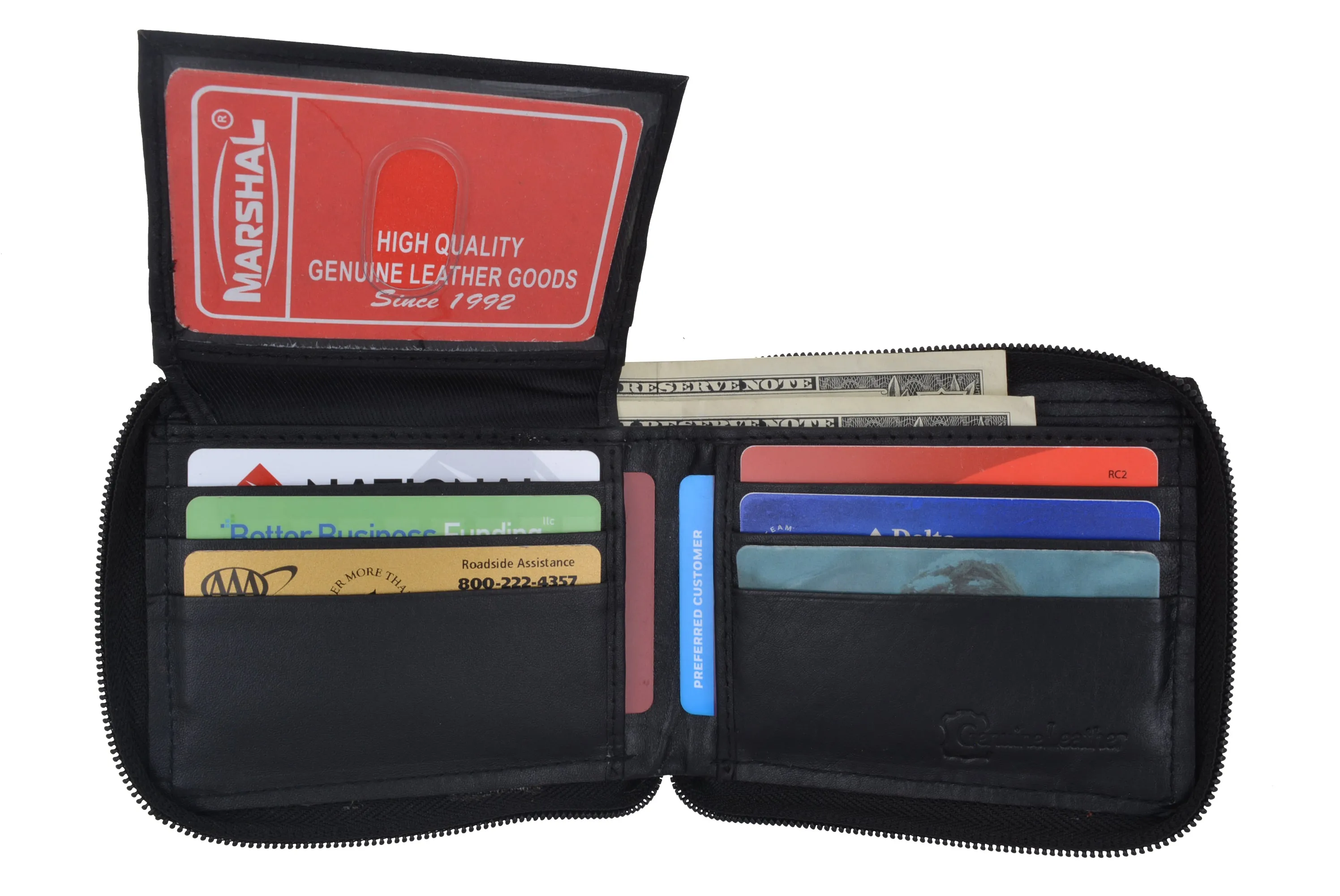 Genuine Leather Men's Zipper Zip-Around Organizer Bifold Wallet 1256 CF