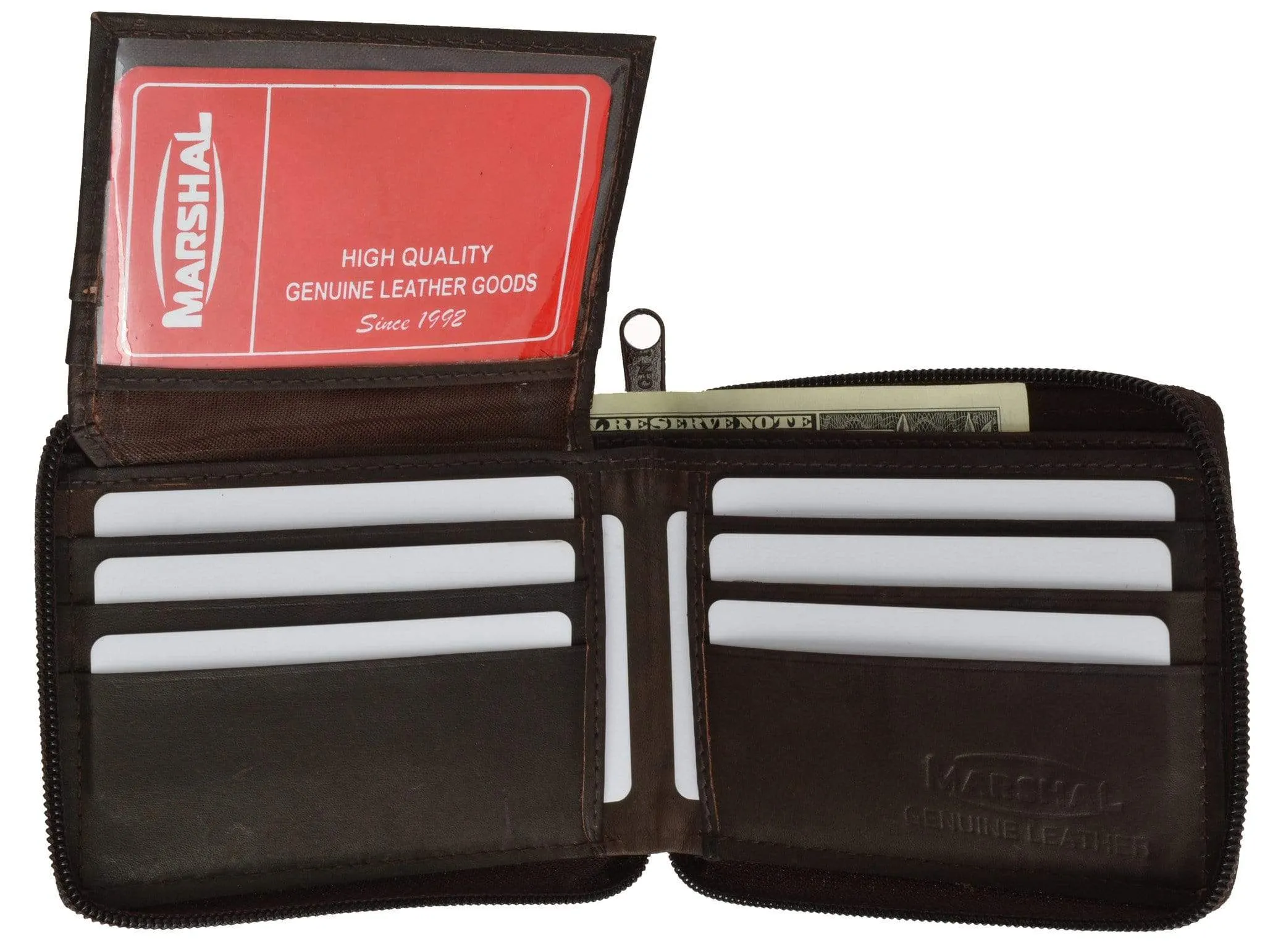 Genuine Leather Men's Zipper Zip-Around Organizer Bifold Wallet 1256 CF