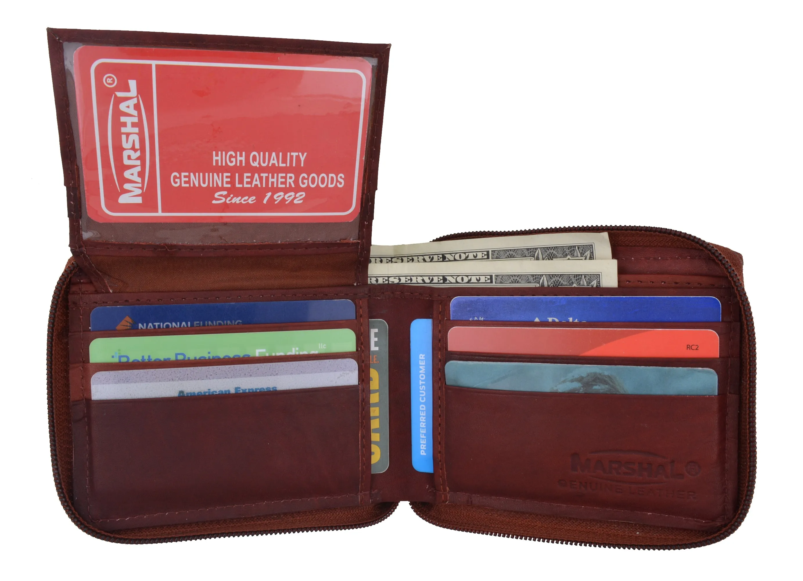 Genuine Leather Men's Zipper Zip-Around Organizer Bifold Wallet 1256 CF