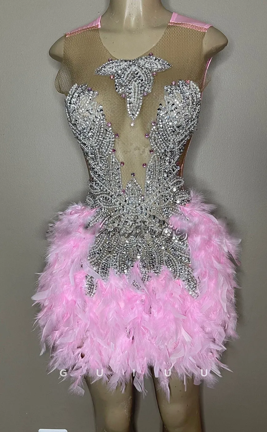 GH687 - Sexy & Hot Beaded Feather Short Homecoming Dress For Black Women
