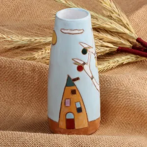Glazed Ceramic Vase with Pomegranate Tree Motif in Sky Blue - Pomegranate Tree in Blue | NOVICA