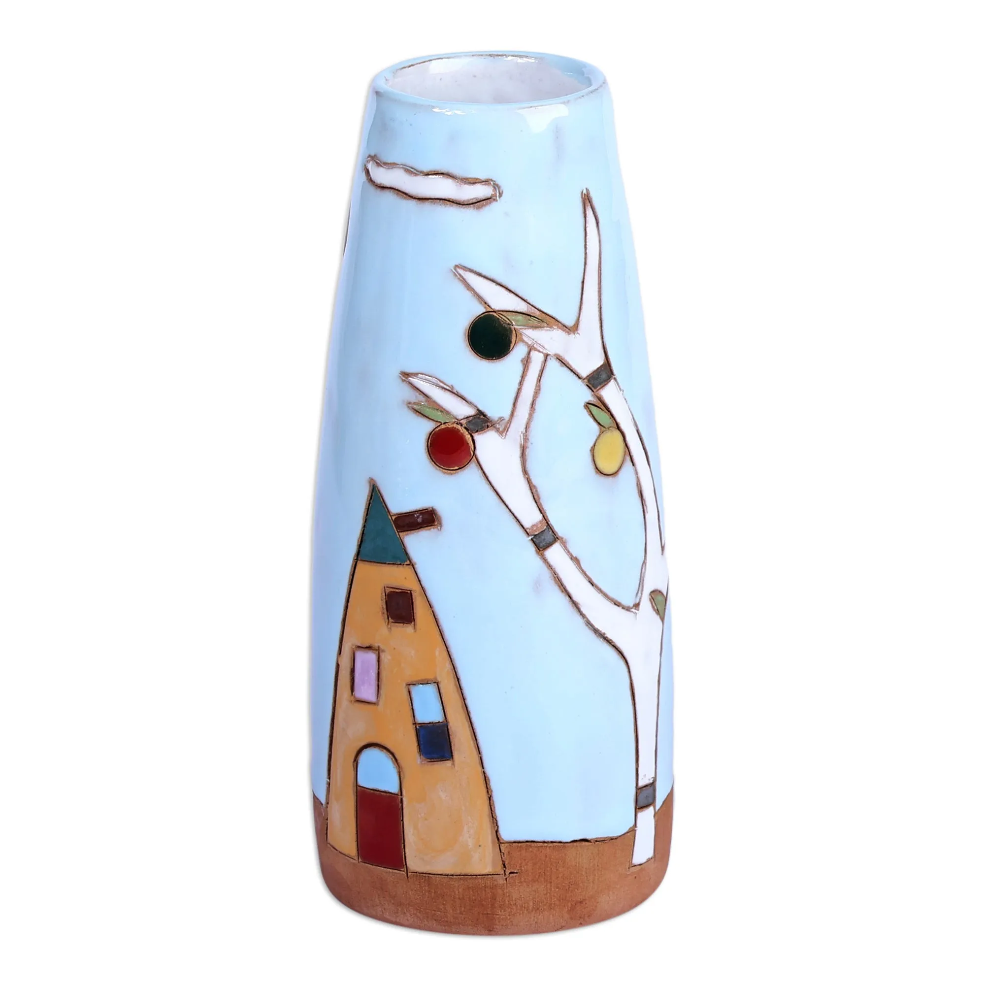 Glazed Ceramic Vase with Pomegranate Tree Motif in Sky Blue - Pomegranate Tree in Blue | NOVICA