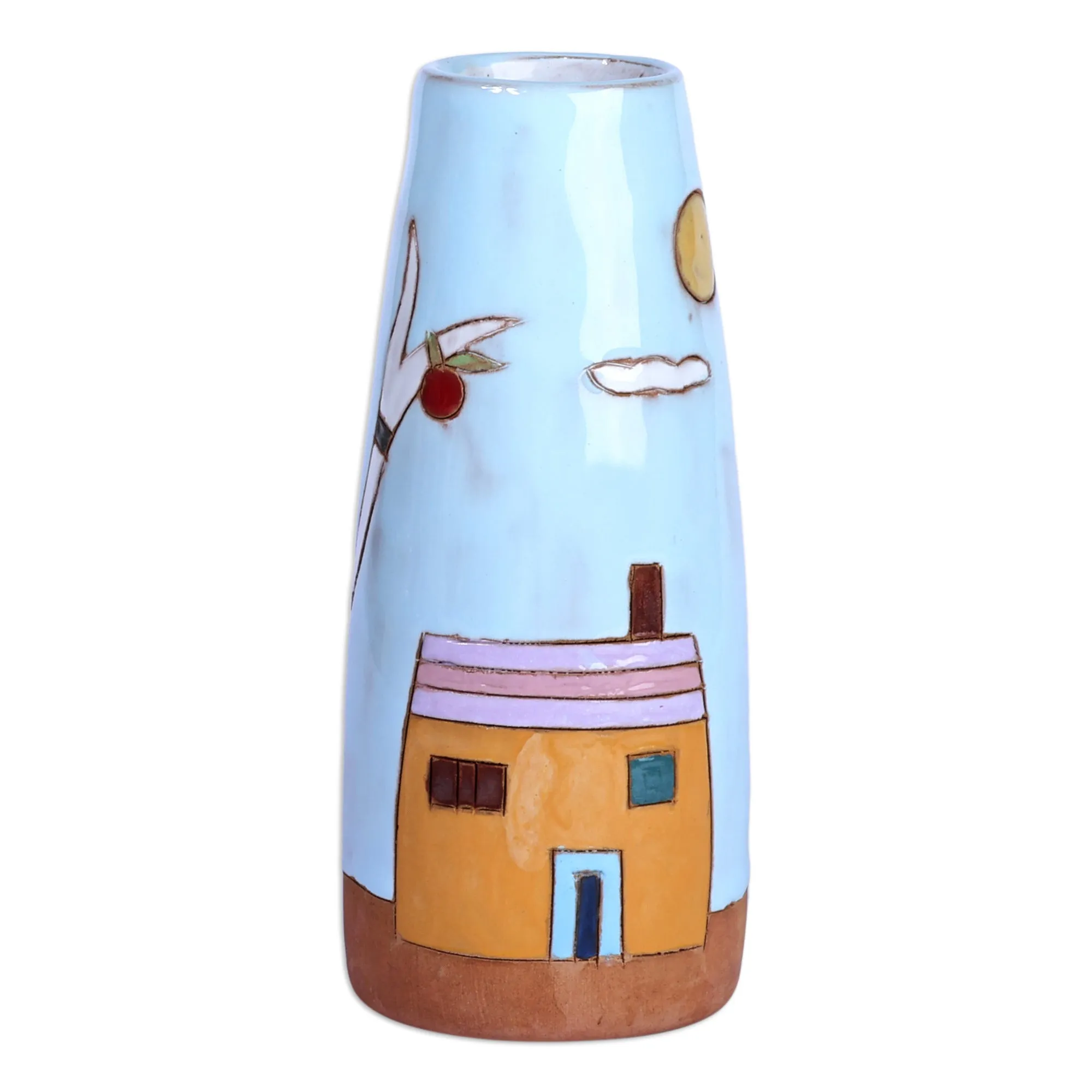 Glazed Ceramic Vase with Pomegranate Tree Motif in Sky Blue - Pomegranate Tree in Blue | NOVICA