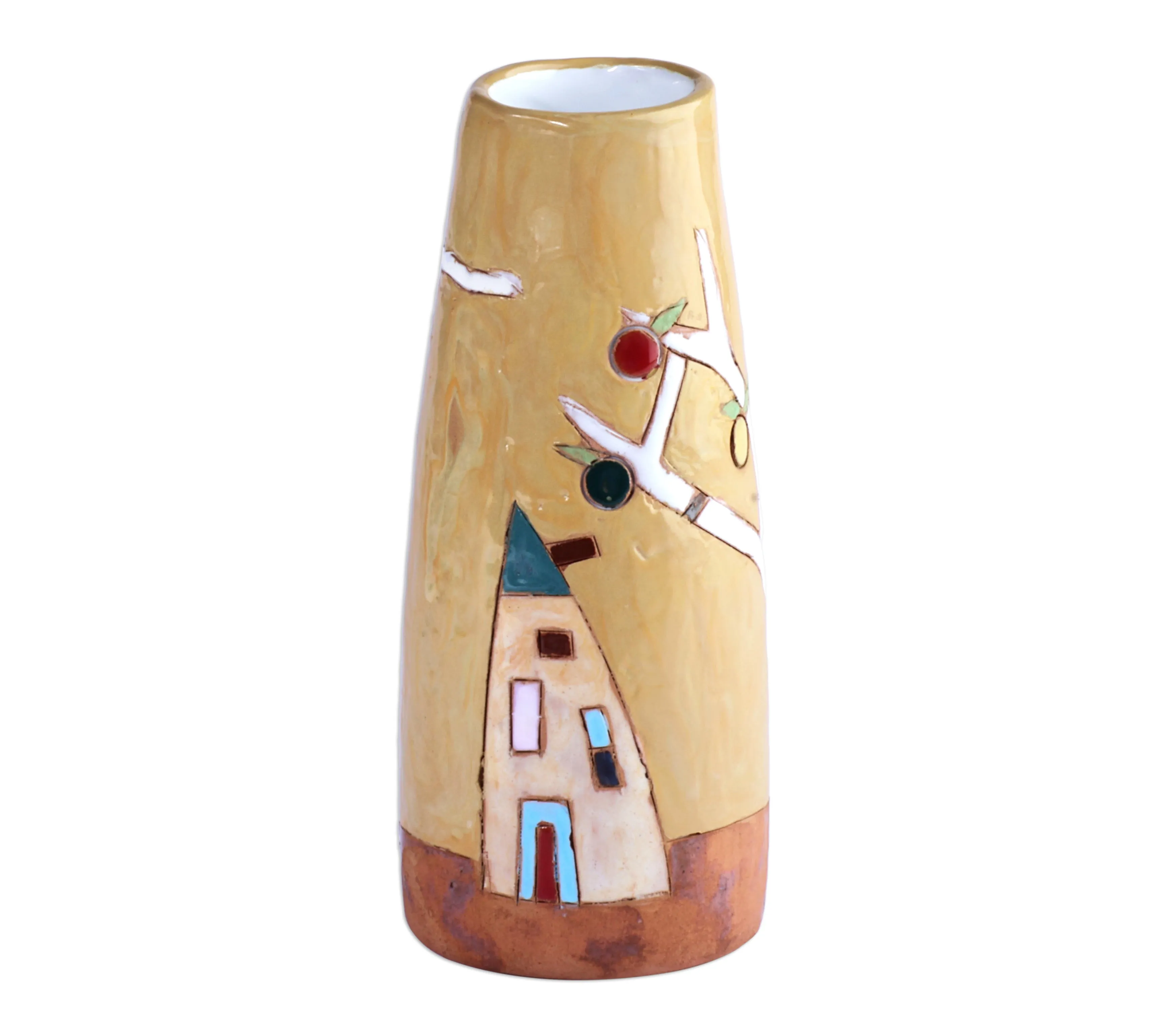 Glazed Ceramic Vase with Pomegranate Tree Motif in Yellow - Pomegranate Tree in Honey | NOVICA