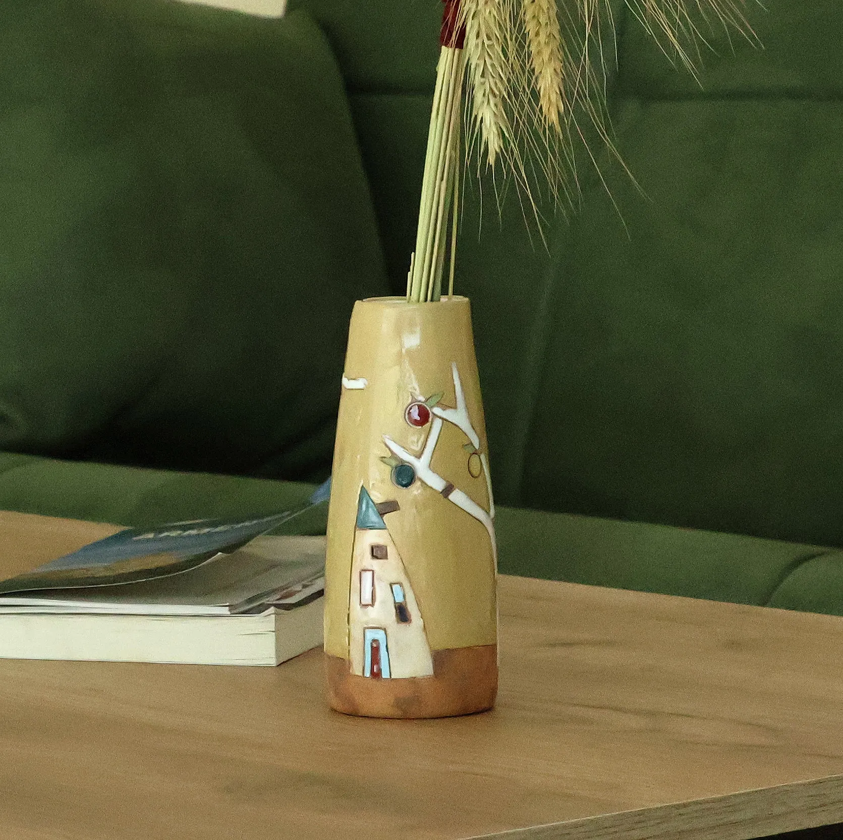Glazed Ceramic Vase with Pomegranate Tree Motif in Yellow - Pomegranate Tree in Honey | NOVICA