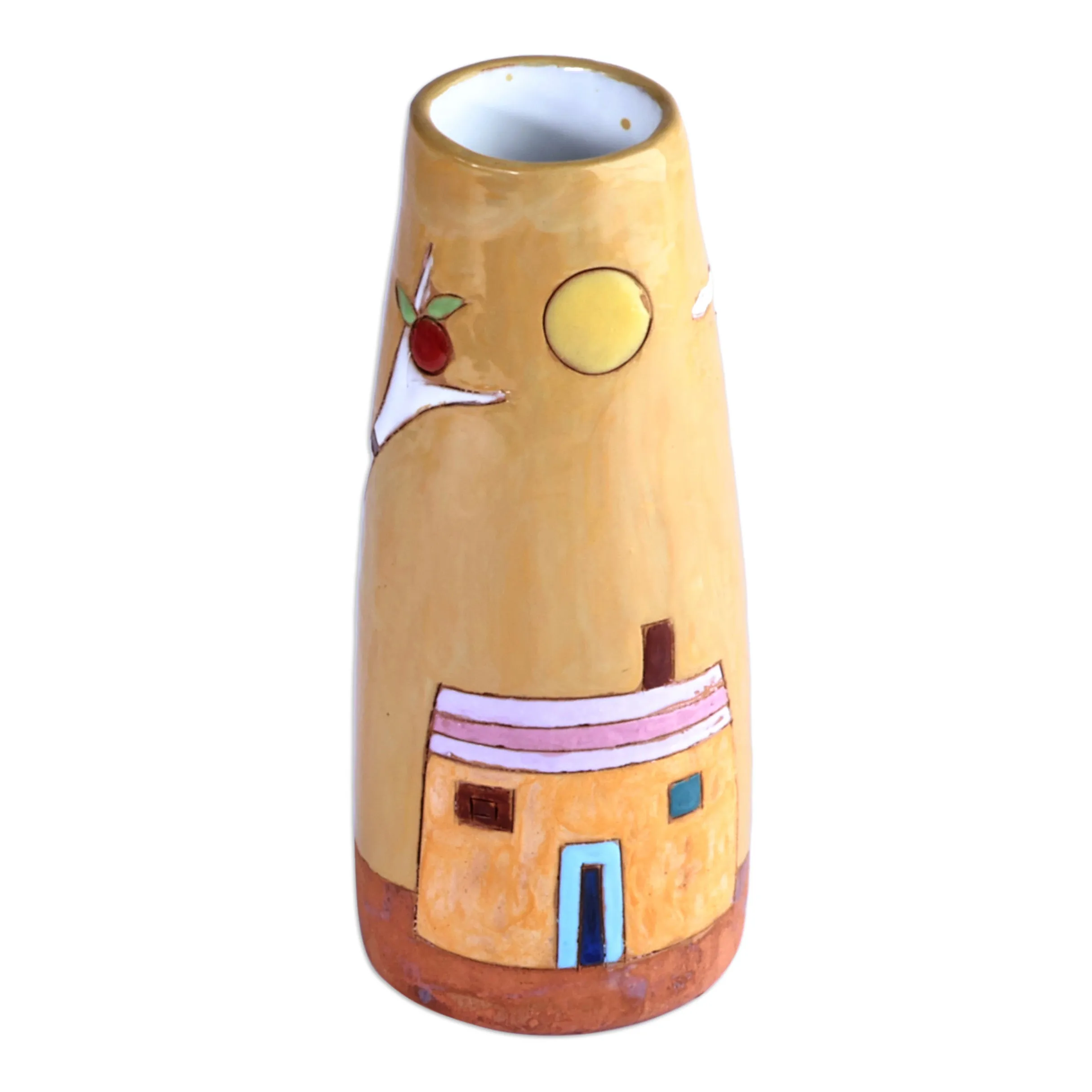 Glazed Ceramic Vase with Pomegranate Tree Motif in Yellow - Pomegranate Tree in Honey | NOVICA