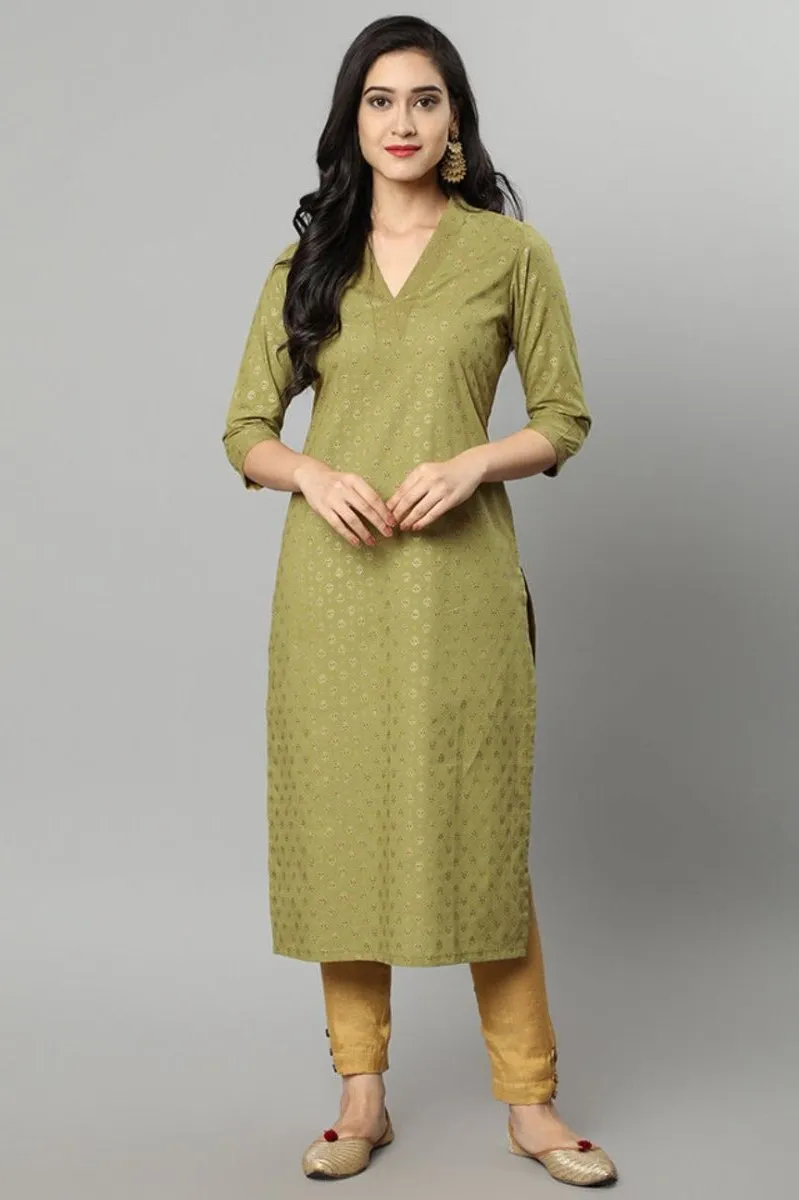 Green Buti Cotton Long Kurta