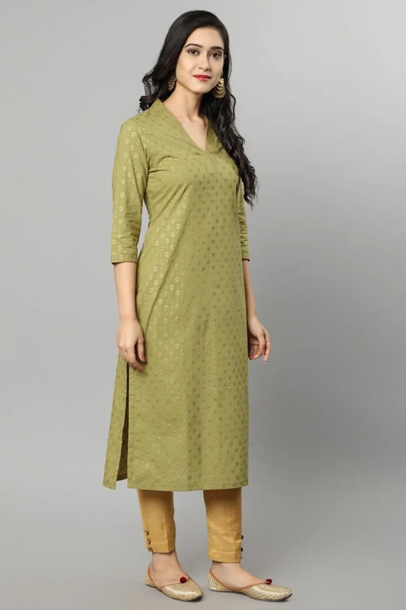 Green Buti Cotton Long Kurta