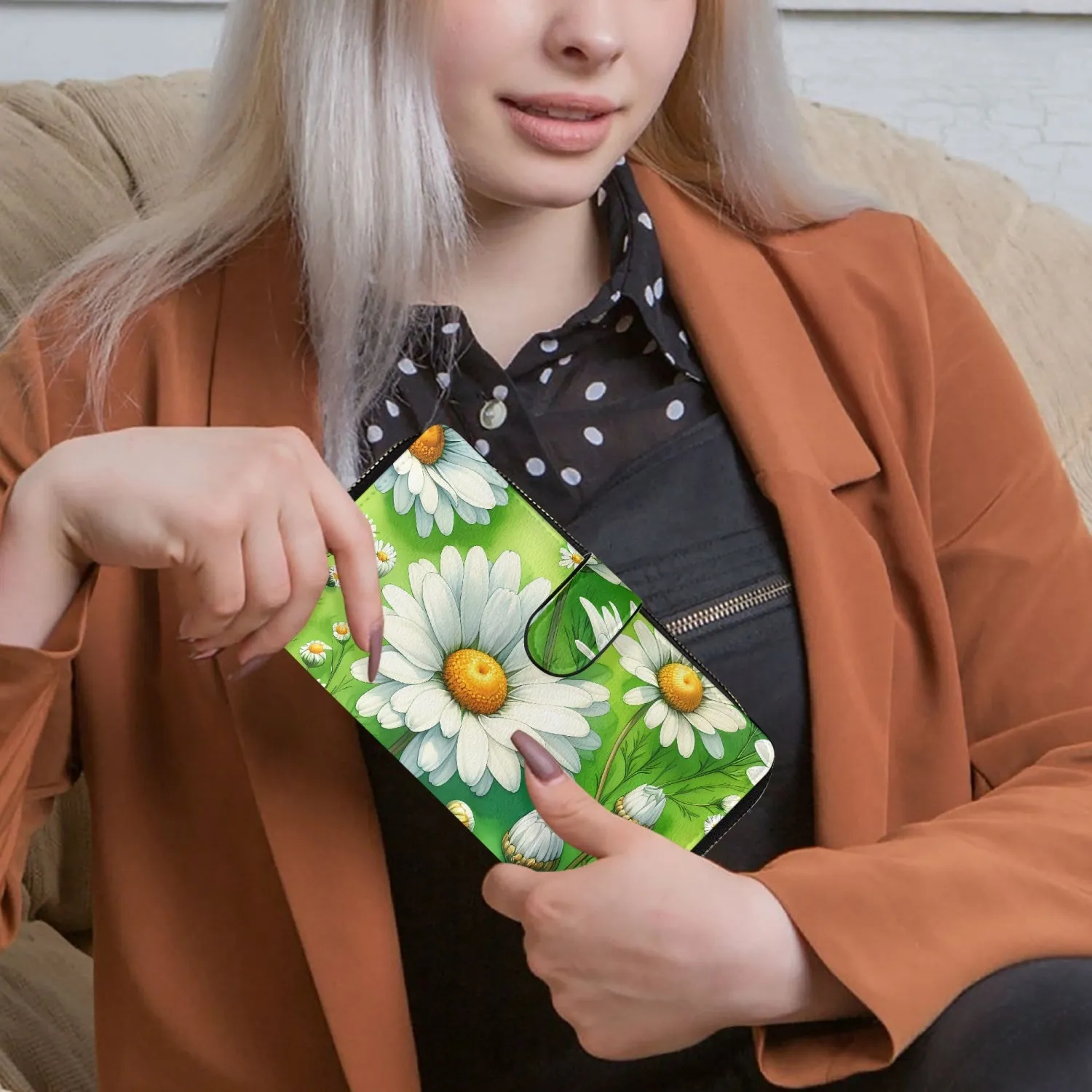 Green with White flowers | Long Leather Wallet