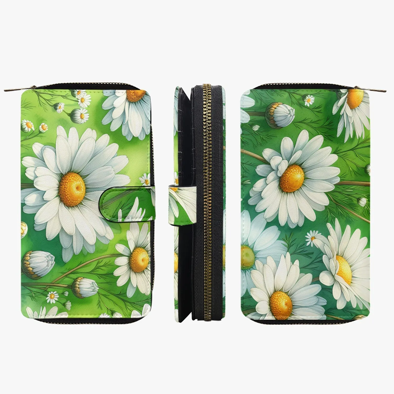 Green with White flowers | Long Leather Wallet