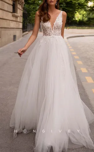 H0968 - Illusion Lace Applique V-Neck Open Back With Train Long Wedding Dress