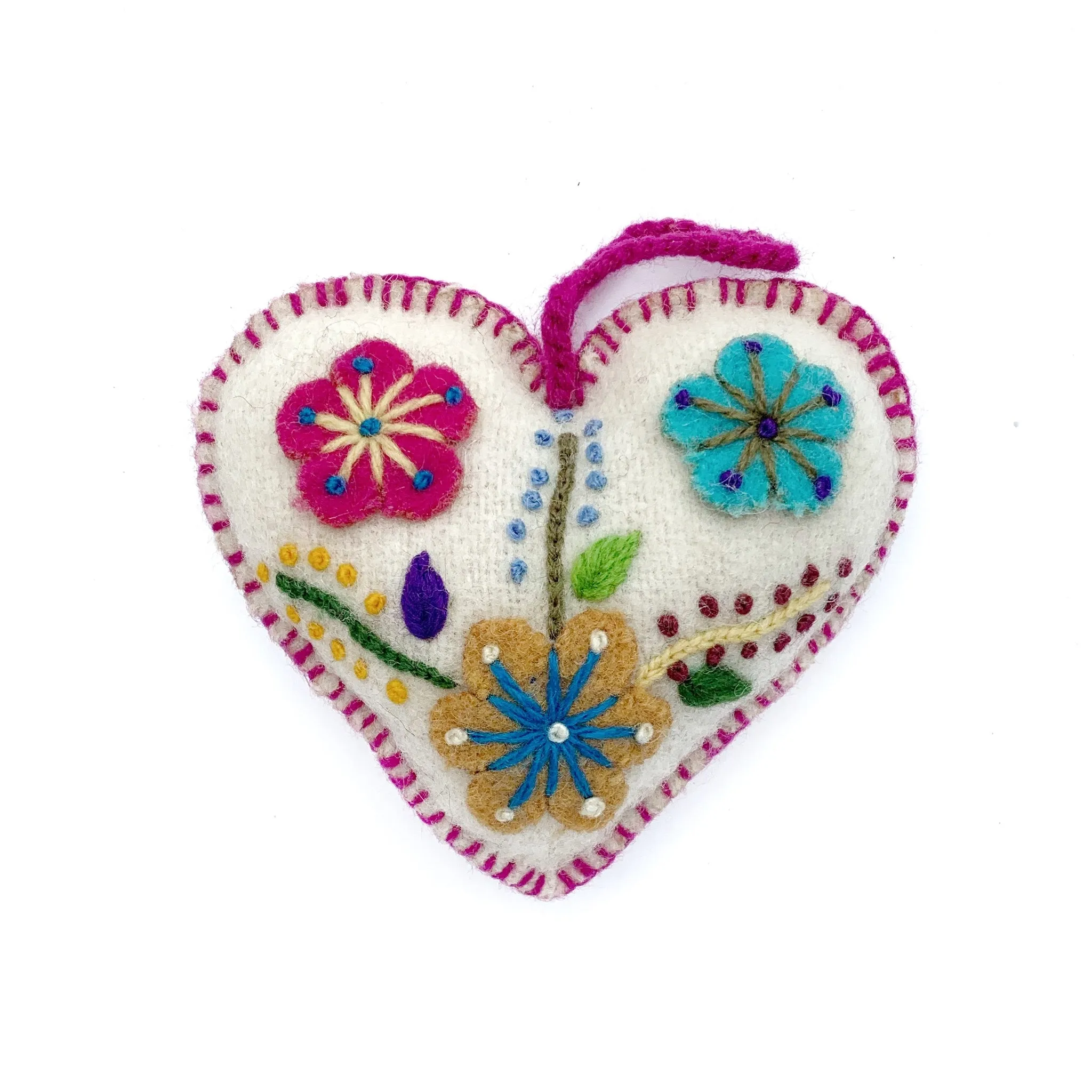Heart Ornament, Multicolor Embroidered Wool