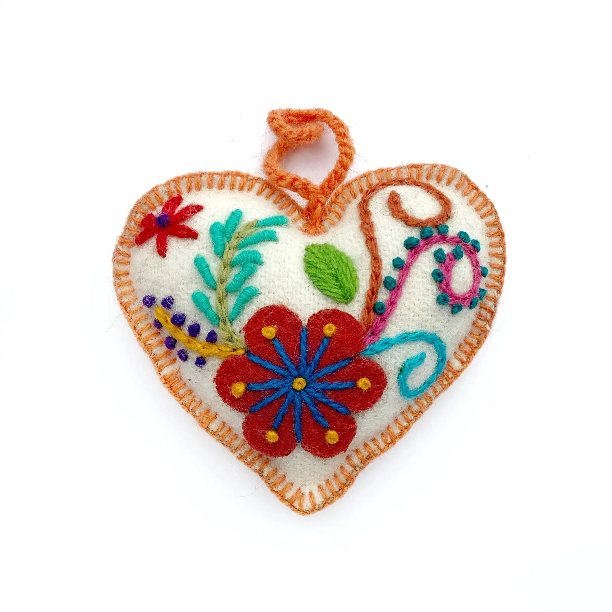 Heart Ornament, Multicolor Embroidered Wool