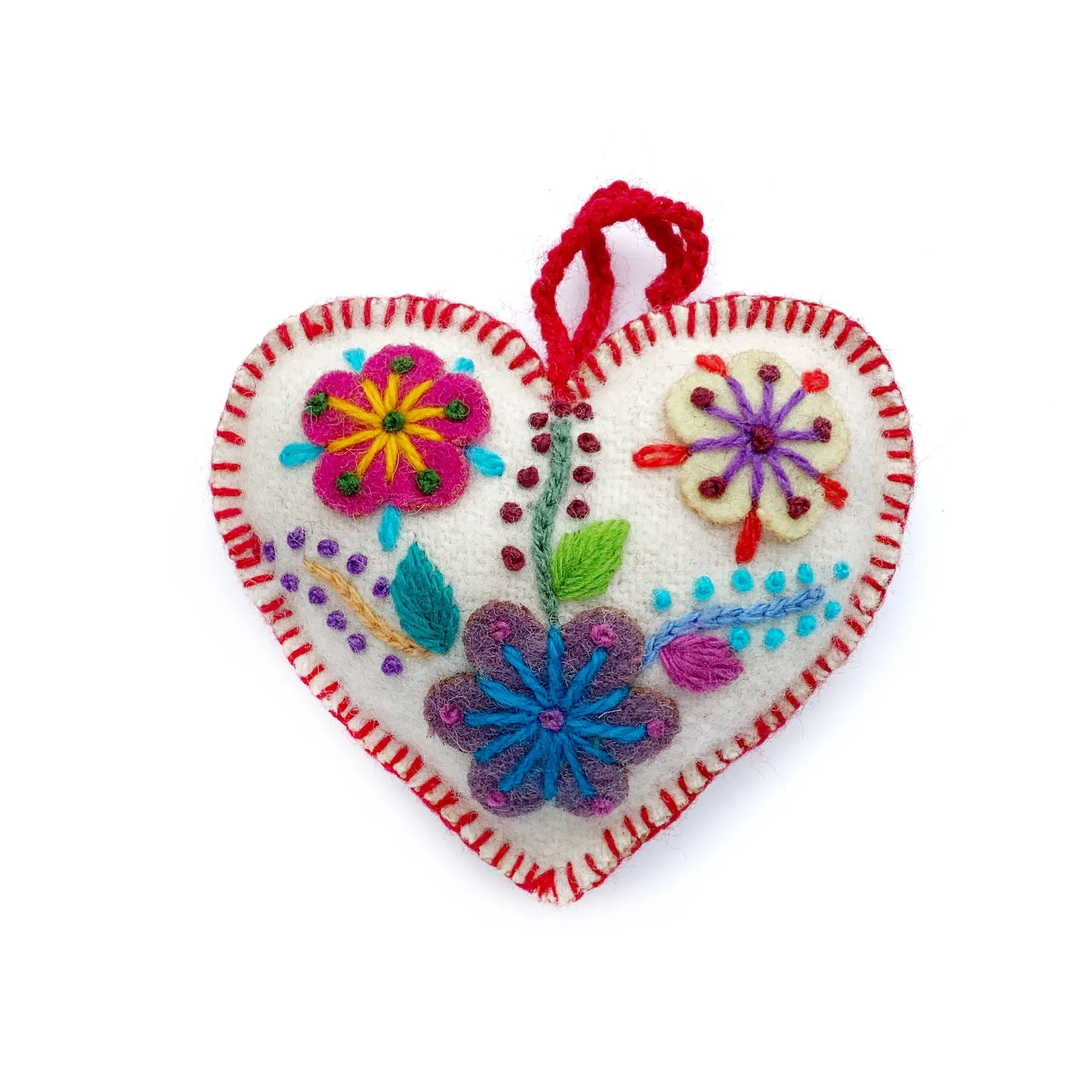 Heart Ornament, Multicolor Embroidered Wool