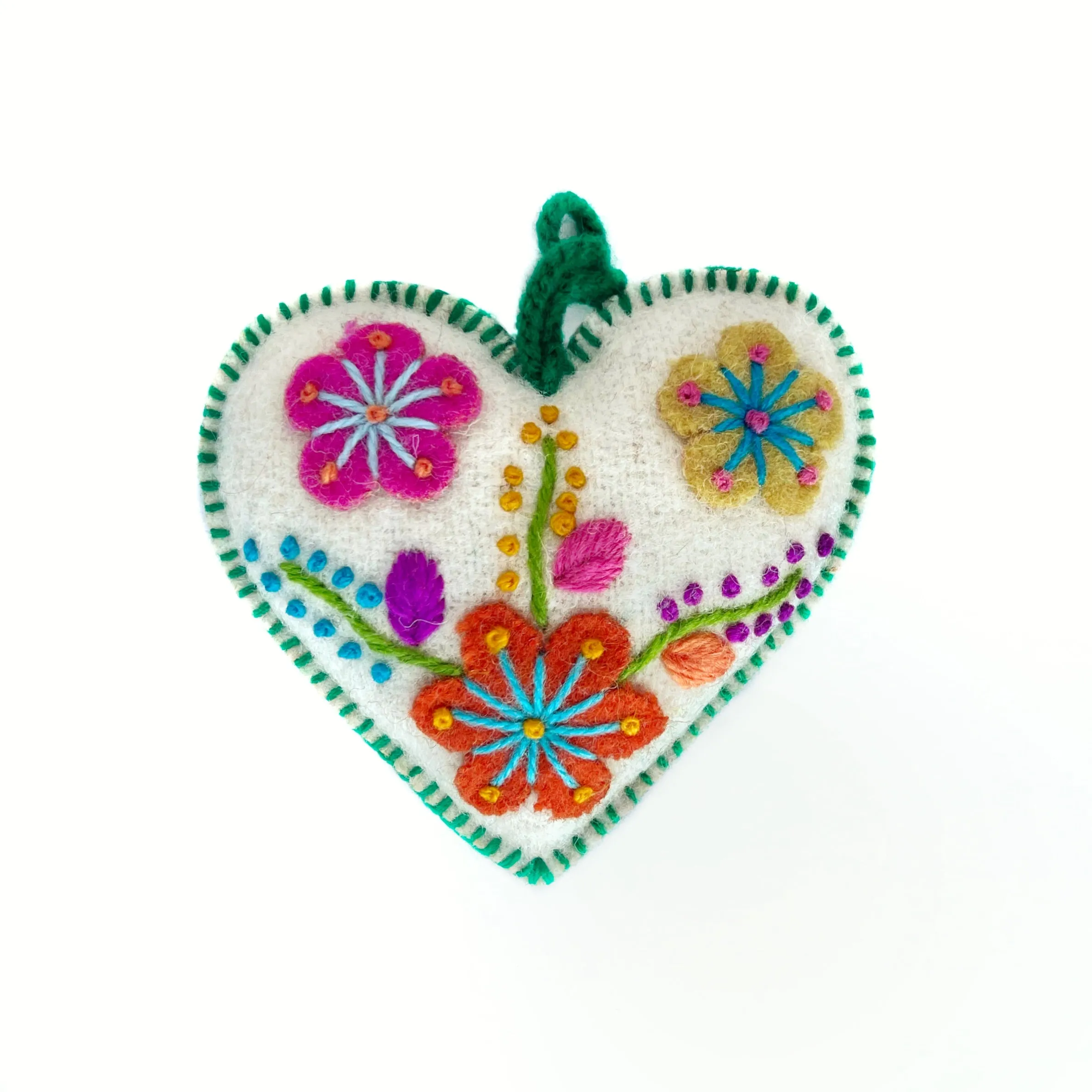 Heart Ornament, Multicolor Embroidered Wool