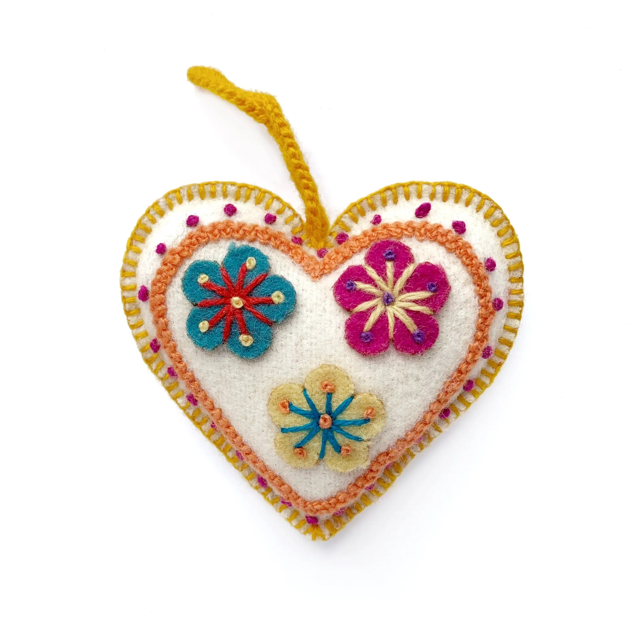 Heart Ornament, Multicolor Embroidered Wool