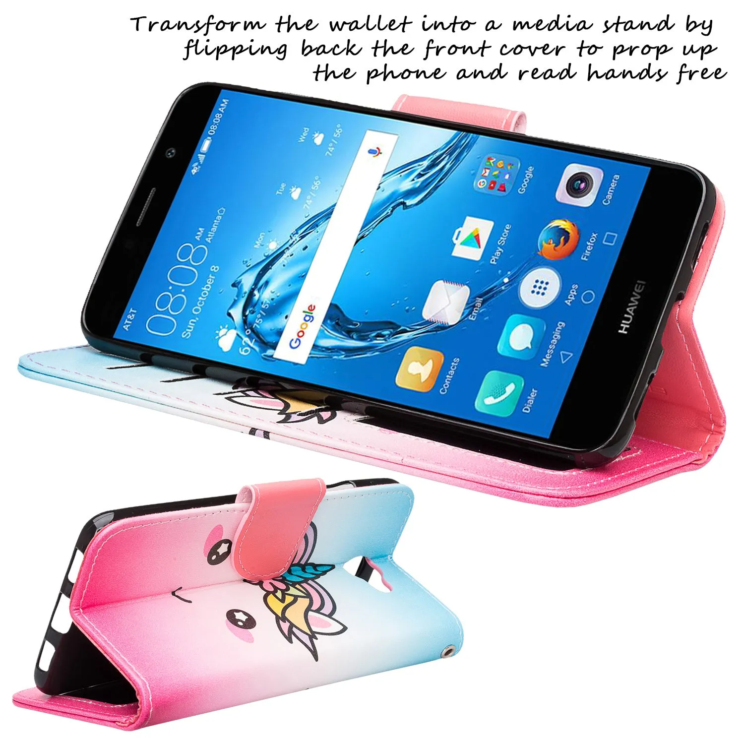 Huawei Ascend XT 2 Case, Elate 4G Case, H1711 Case, Slim Flip Fold [Kickstand] Pu Leather Wallet Cover with Card Slots & Pocket   Wrist Strap - White Unicorn