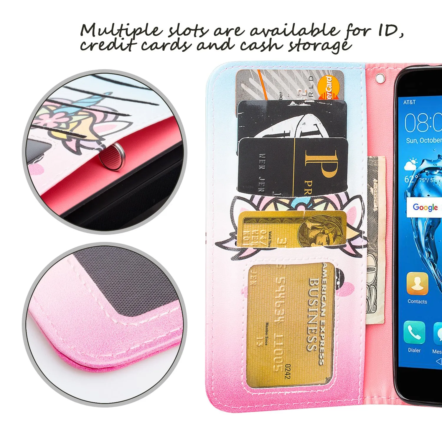 Huawei Ascend XT 2 Case, Elate 4G Case, H1711 Case, Slim Flip Fold [Kickstand] Pu Leather Wallet Cover with Card Slots & Pocket   Wrist Strap - White Unicorn