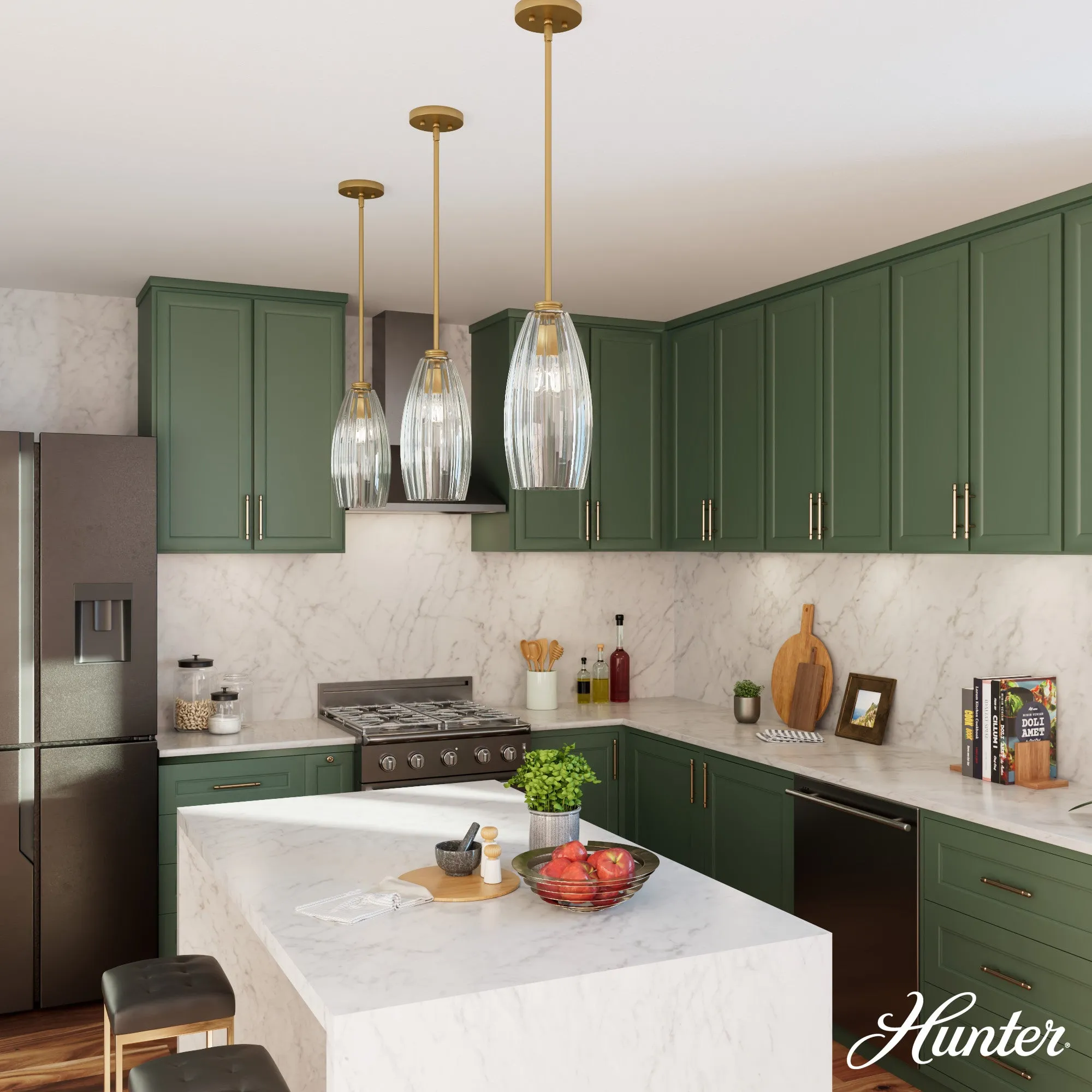 Hunter Rossmoor Luxe Gold with Clear Glass 1 Light Pendant Ceiling Light Fixture - Jasmine Roth Collection