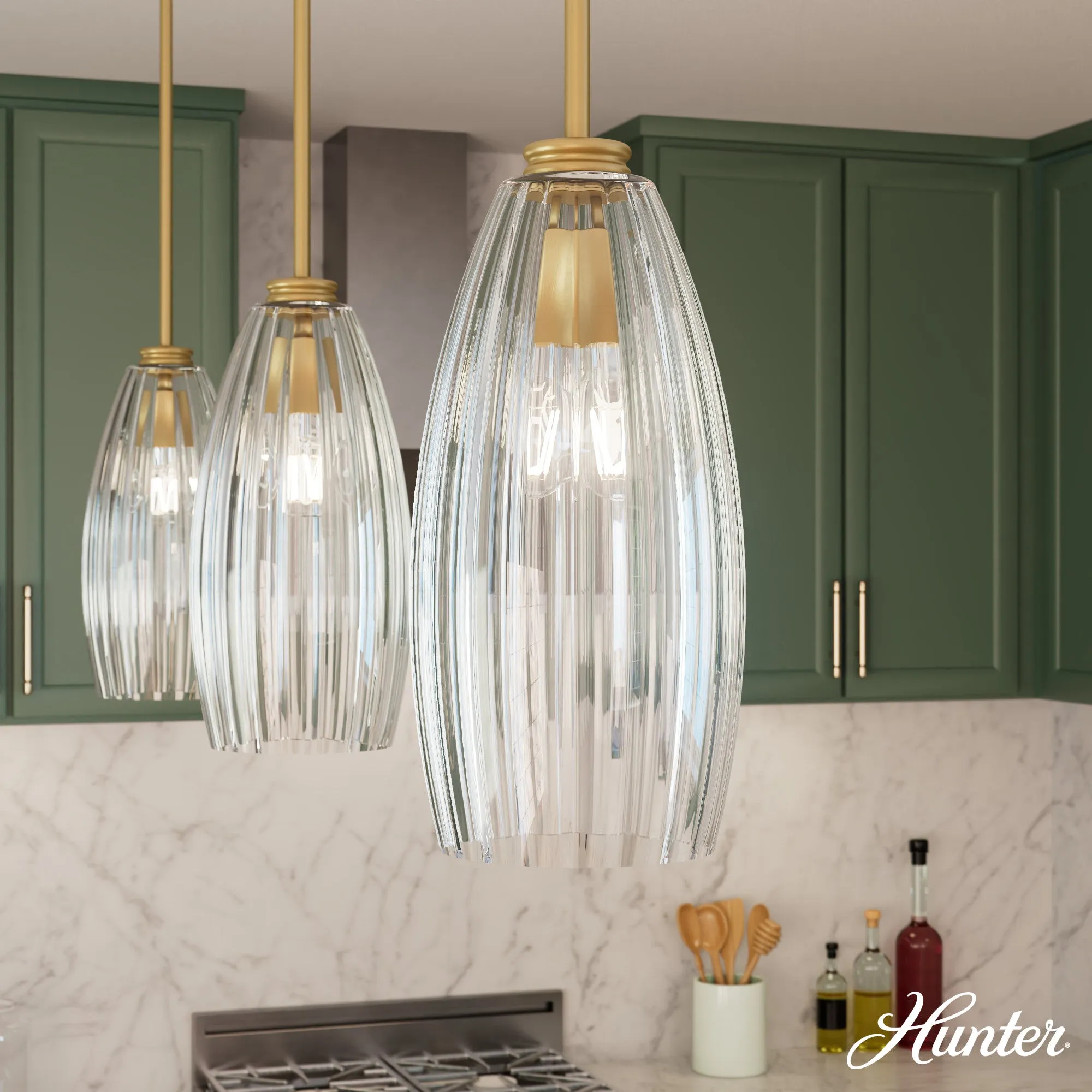 Hunter Rossmoor Luxe Gold with Clear Glass 1 Light Pendant Ceiling Light Fixture - Jasmine Roth Collection