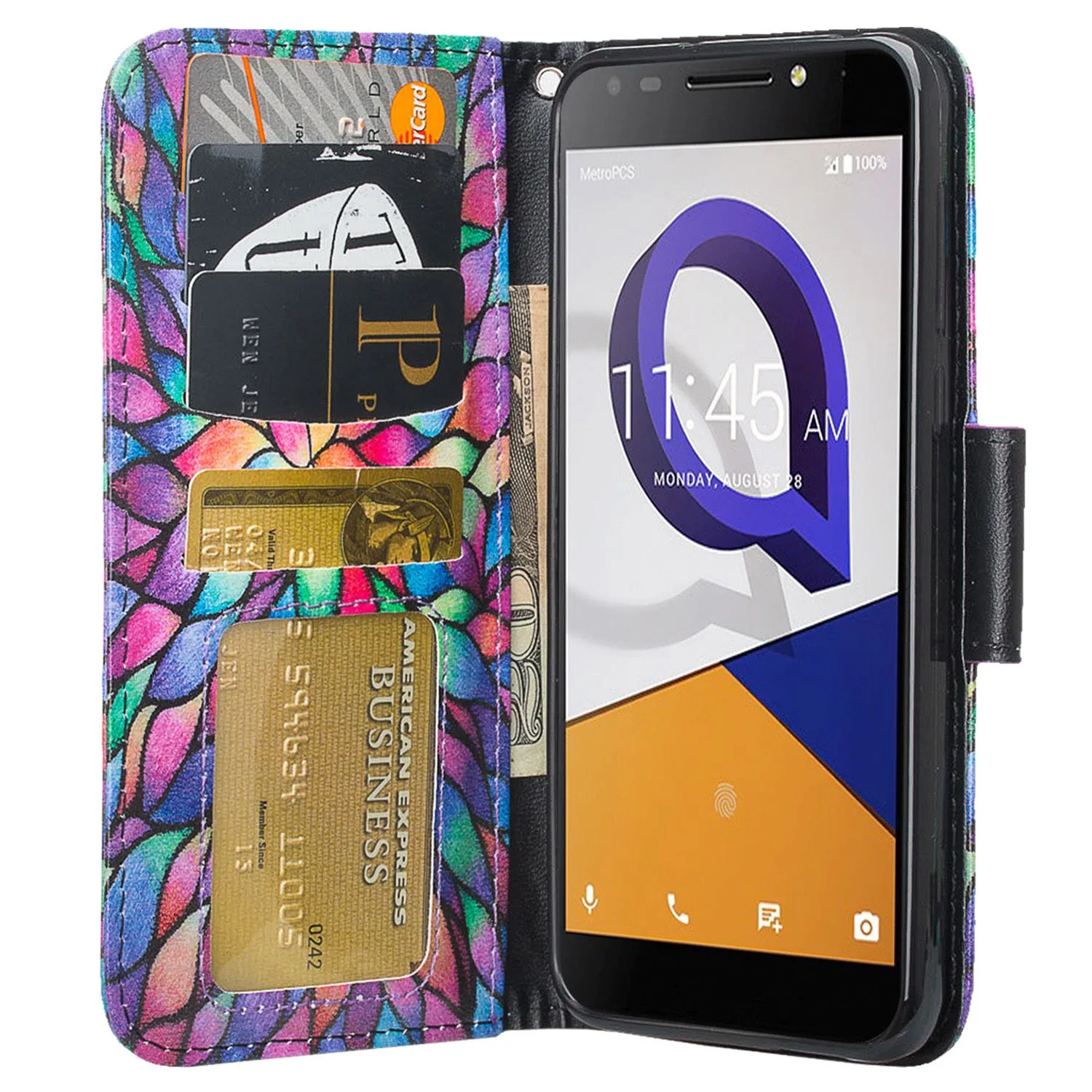 Jitterbug Smart 2 Case, Magnetic Flip Fold Kickstand Leather Wallet Cover with ID & Credit Card Slots - Rainbow Flower