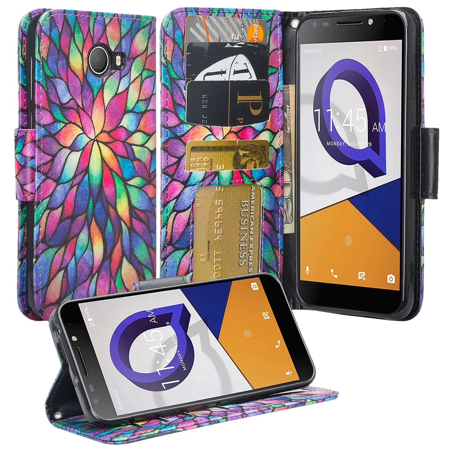 Jitterbug Smart 2 Case, Magnetic Flip Fold Kickstand Leather Wallet Cover with ID & Credit Card Slots - Rainbow Flower
