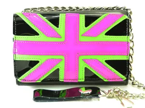 Large Black Patent Tri Fold Wallet With Green &Amp; Pink English Flag Patch
