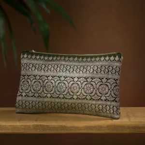 Luxury Upcycled Brocade Sari Clutch Purse, Khaki Green