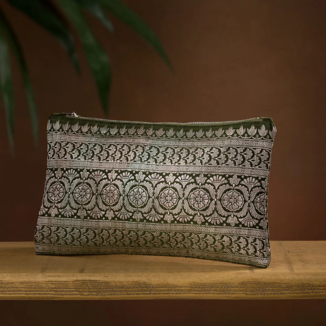 Luxury Upcycled Brocade Sari Clutch Purse, Khaki Green